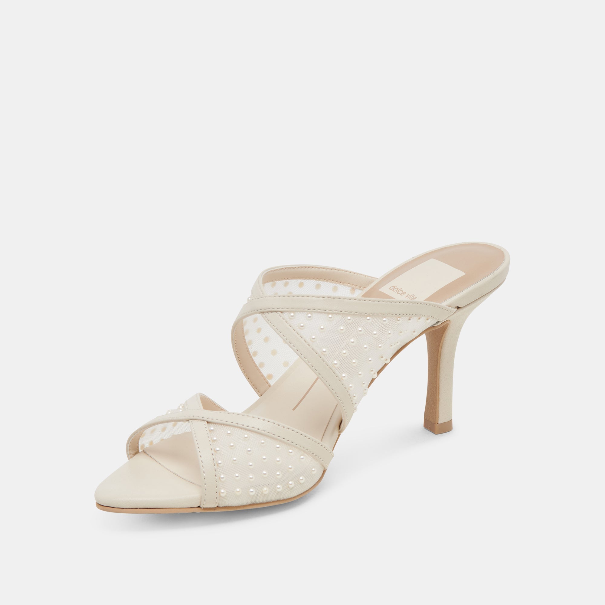 MANDEL PEARL HEELS IVORY MESH - Elegant Women's High Heel Sandals with Pearl Accents for Weddings, Parties & Special Occasions | Comfortable Mesh Design for All-Day Wear