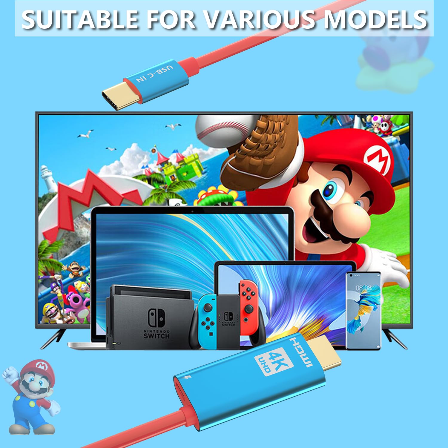 Nintendo Switch & OLED Dock - USB C to HDMI Adapter with 4K Charger Cable (2M/6.6FT) - Portable Docking Station for Laptop, iPhone 15, Samsung, Steam Deck - Perfect for Gaming, Travel & Home Entertainment
