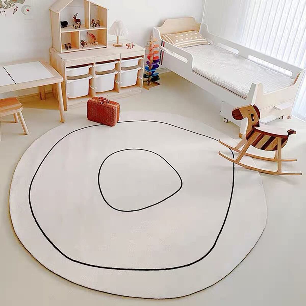 Modern Swirl Wool Area Rug - Ivory 5ft Round Irregular Soft Thick Carpet for Living Room, Dining, Kitchen, Bedroom, Playroom - Vintage Fluffy Accent Rug for Home Decor & Cozy Spaces