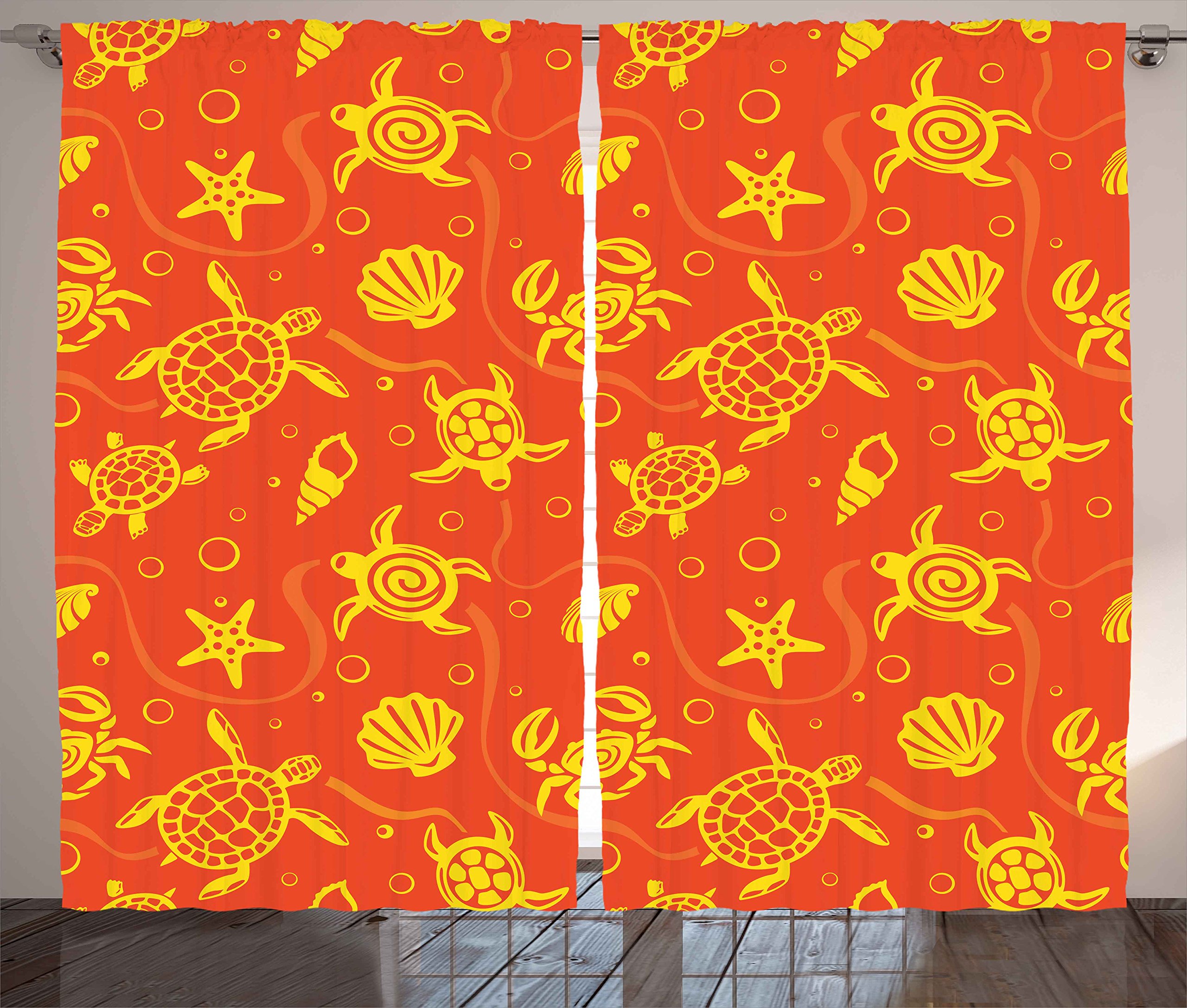 Ambesonne Tropical Orange Curtains with Swimming Turtles, Crabs, Seashells & Starfish Print - 2 Panel Window Drapes 108