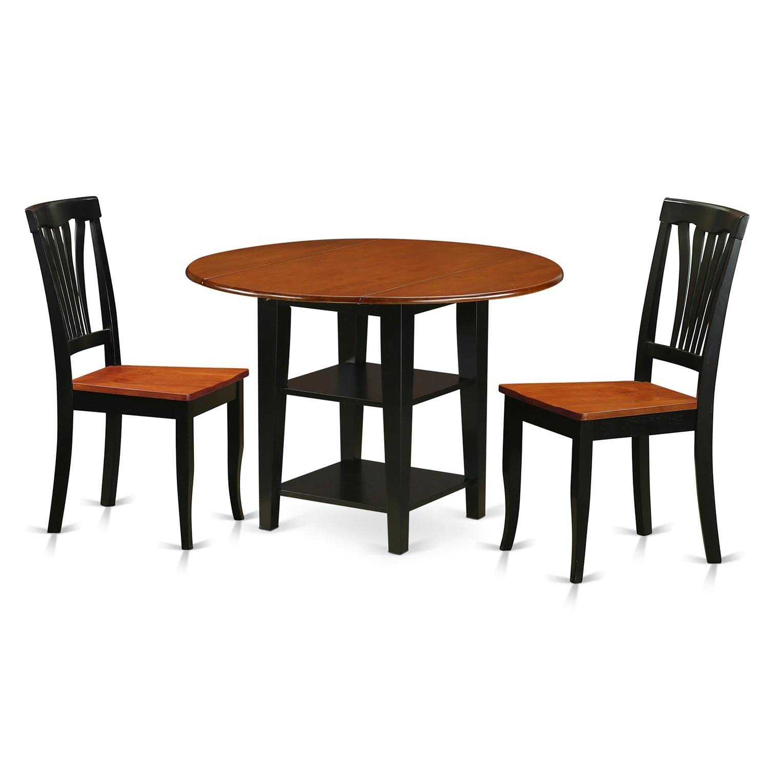 East West Furniture SUAV3-BCH-W 3-Piece Round Dining Table Set with Drop Leaf & Storage Shelves - 42x42 Inch Black & Cherry Finish - Perfect for Small Kitchens, Breakfast Nooks & Compact Dining Spaces