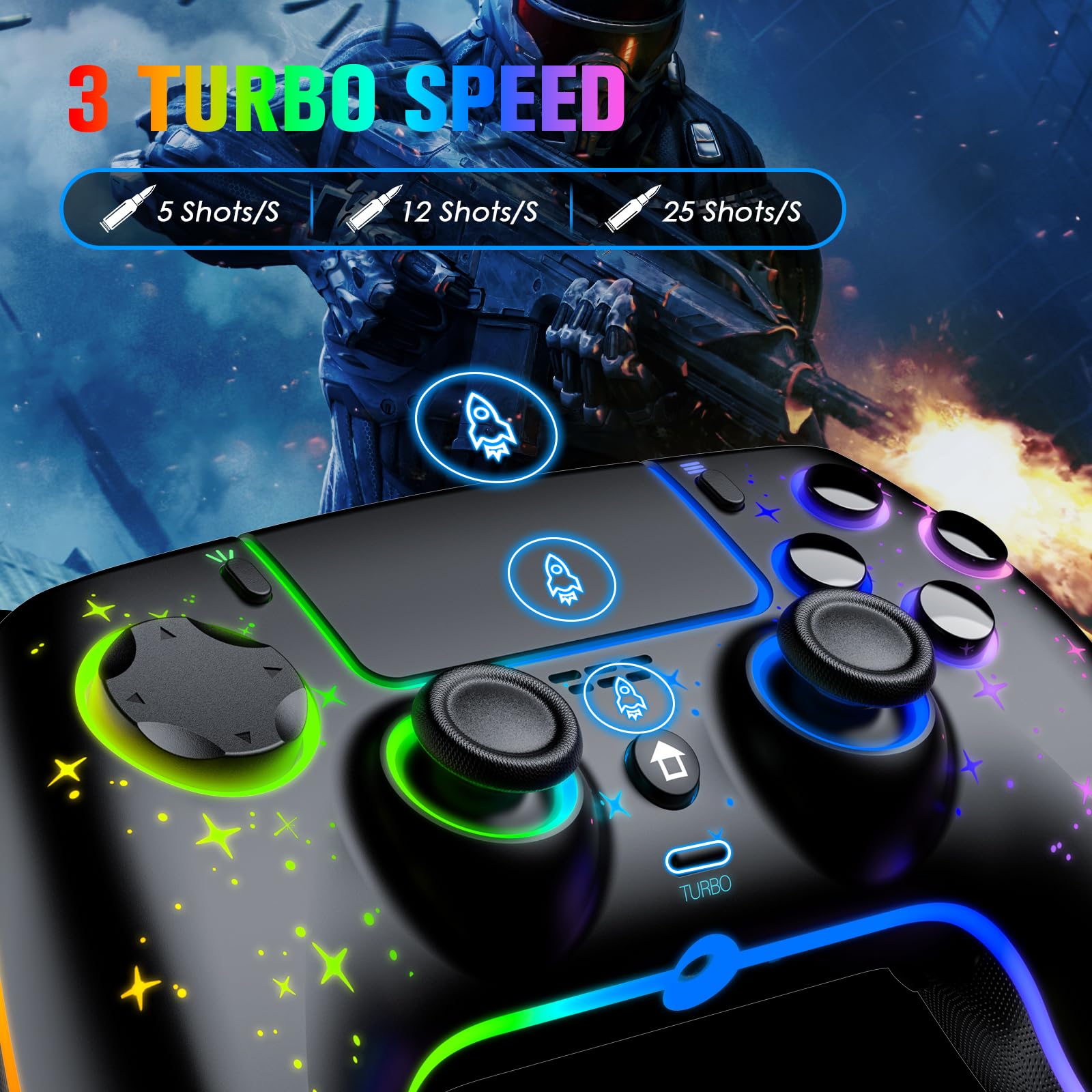 Ewnol Wireless PS4 Controller with RGB, Vibration & Motion Sensor - Gaming for PS4/Slim/Pro/PC