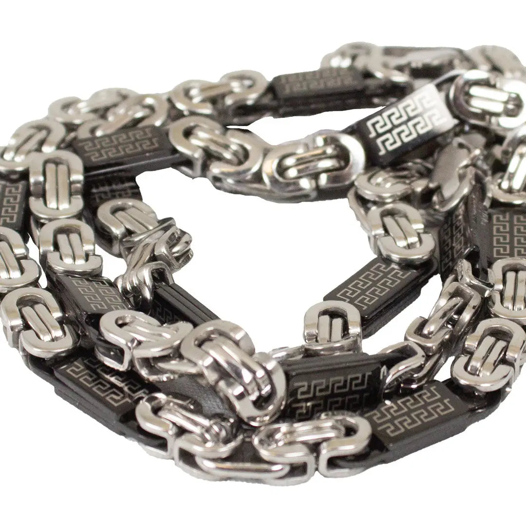 SteelTime Men's Two-Tone Stainless Steel & Black IP Byzantine Necklace with Greek Key Design - Perfect for Casual Wear, Gifts & Special Occasions