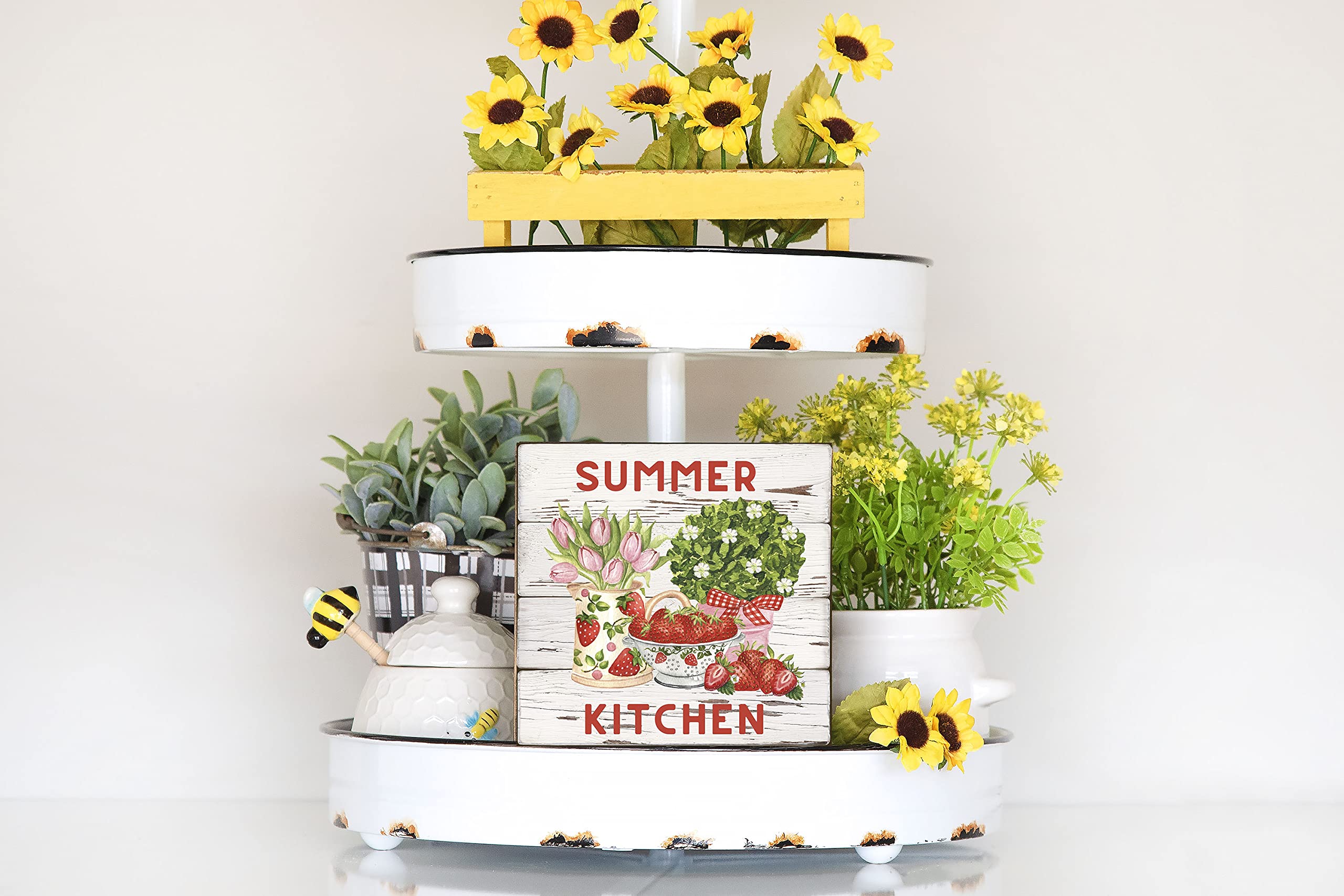 5x5 Inch Summer Kitchen Strawberries Wooden Mini Sign - Rustic Farmhouse Decor for Kitchen, Dining Room, or Outdoor Party