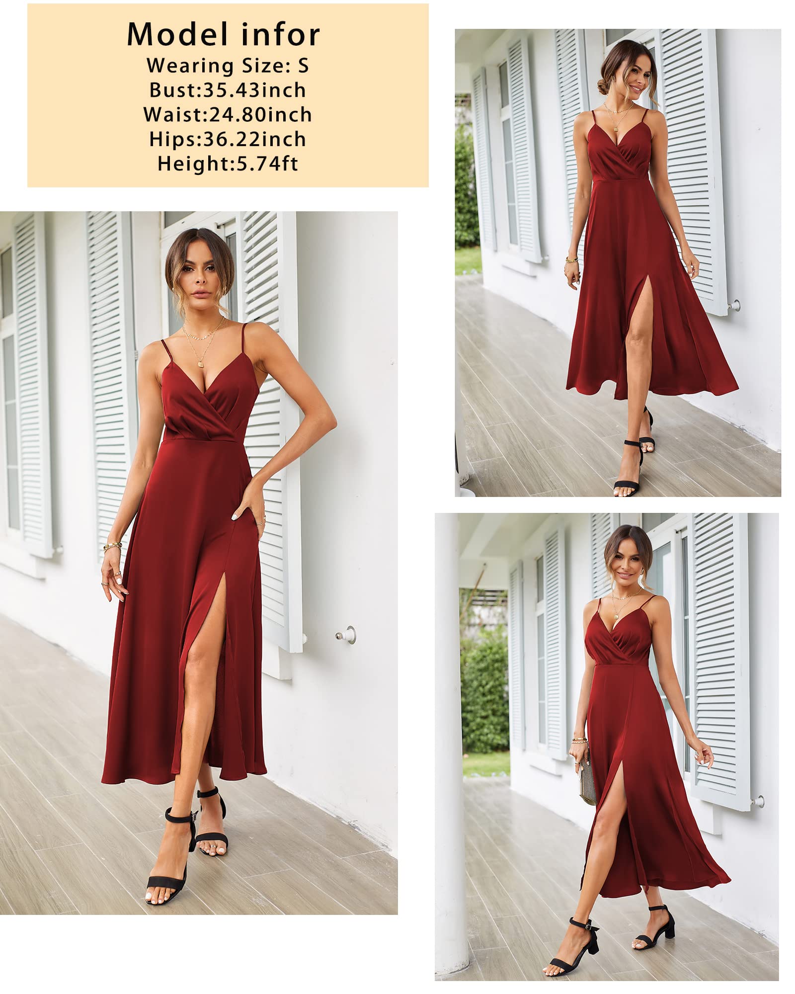 Newshows Women's 2024 Summer V-Neck Satin Cocktail Dress - Spaghetti Strap Sleeveless Maxi Dress with High Slit for Wedding Guest, Party, Evening & Formal Occasions
