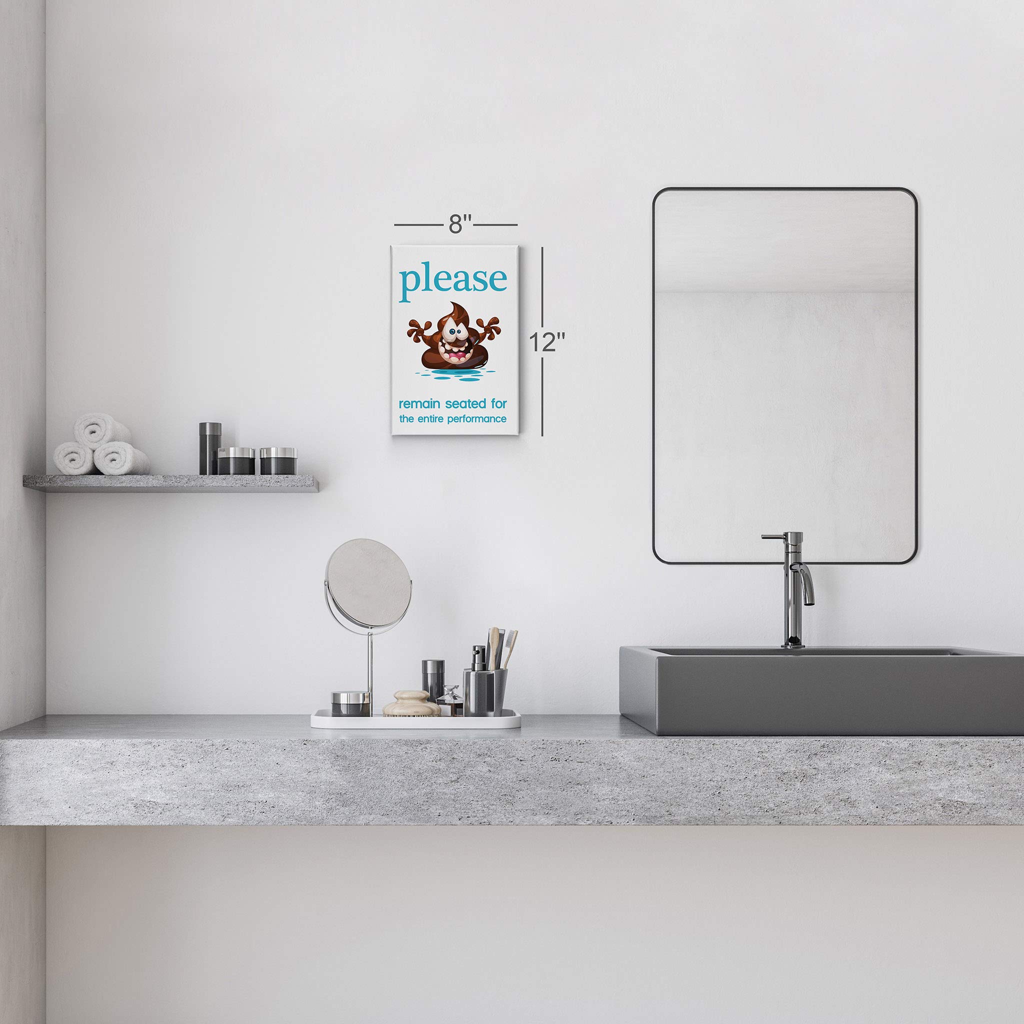 Funny Bathroom Wall Art - 'Please Remain Seated for the Entire Performance' Canvas Print | 17x11 Inch Ready to Hang Poop Humor Toilet Decor | Made in USA | Perfect for Bathroom, Powder Room & Guest Toilet Decor