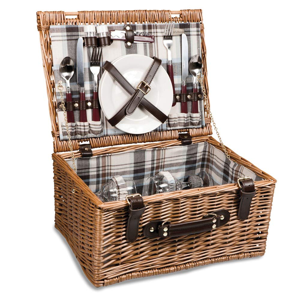Lux Bristol Blue Plaid English Style Willow Picnic Basket - Elegant Vintage Jewelry Storage & Perfect for Outdoor Picnics, Tea Parties, and Beach Trips