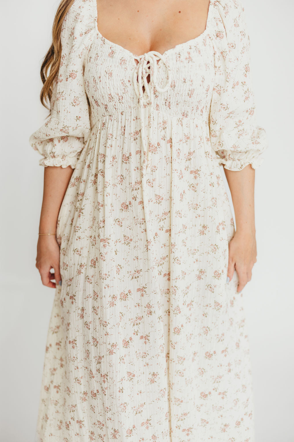 100% Cotton Smocked Maxi Dress for Women - Ivory/Mauve Floral Print | Bump Friendly Maternity Dress | Perfect for Summer, Beach Vacations & Special Occasions