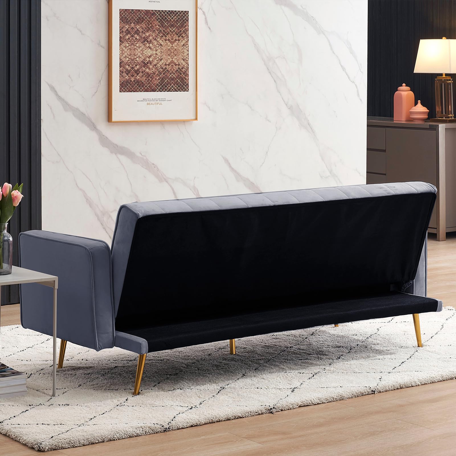 OUYESSIR 71-inch Velvet Convertible Futon Sofa Bed with 2 Pillows - Sturdy Sleeper Couch for Small Spaces, Grey | Perfect for Guest Rooms, Apartments & Dorm Rooms