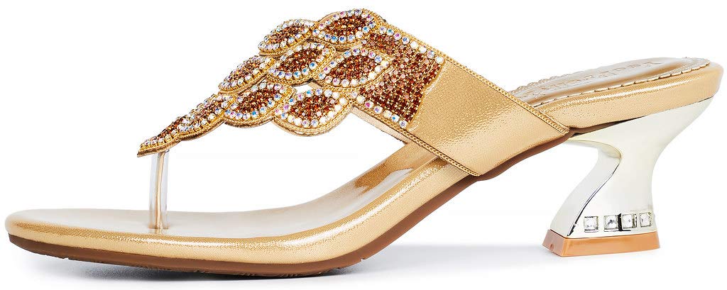 LizFoYa Women's Gold Chunky Low Heel Rhinestone Thong Strap Sandals - Comfortable Dressy Summer Shoes for Weddings, Parties & Beach Vacations
