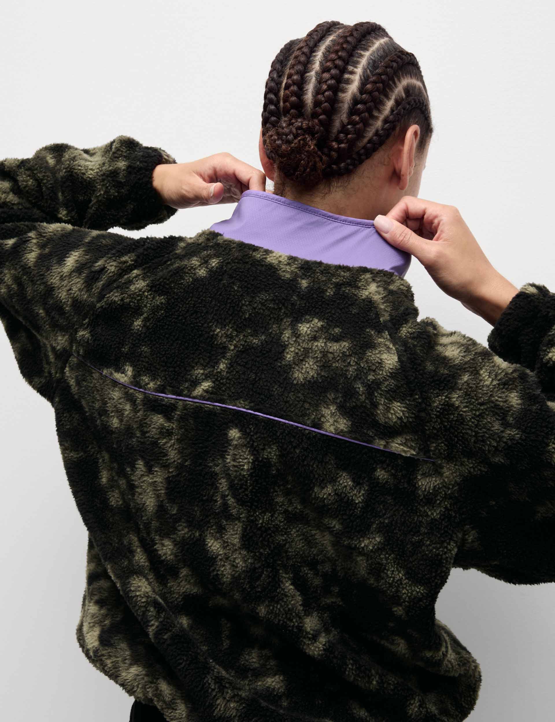 Borg Zip Up Printed Funnel Neck Fleece Jacket - Khaki Mix | Warm Winter Outerwear for Women | Perfect for Hiking, Camping & Outdoor Activities