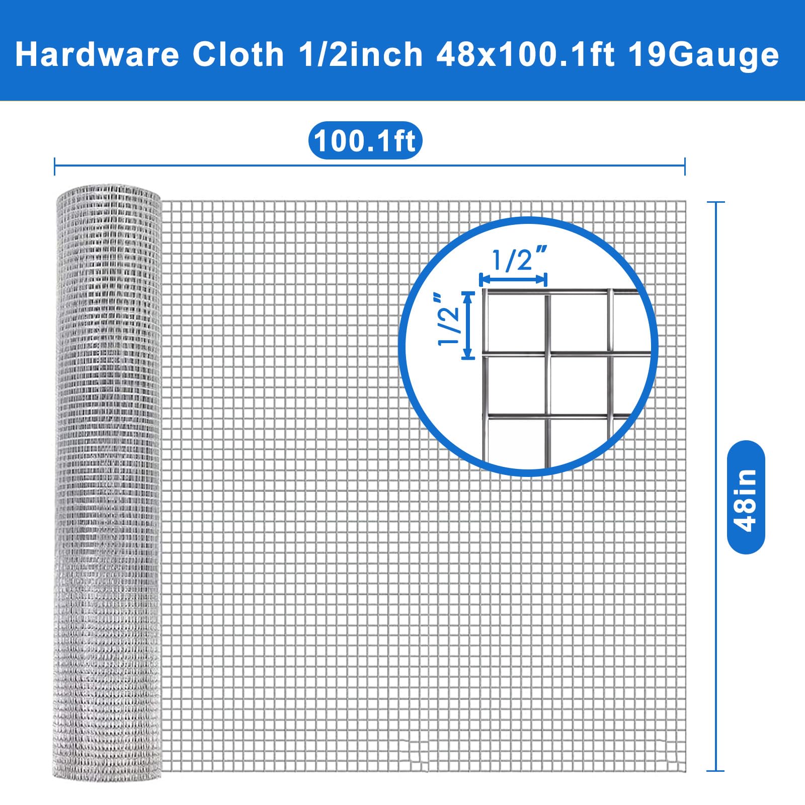 19 Gauge Galvanized Welded Wire Mesh Roll - 1/2 Inch Holes, 48