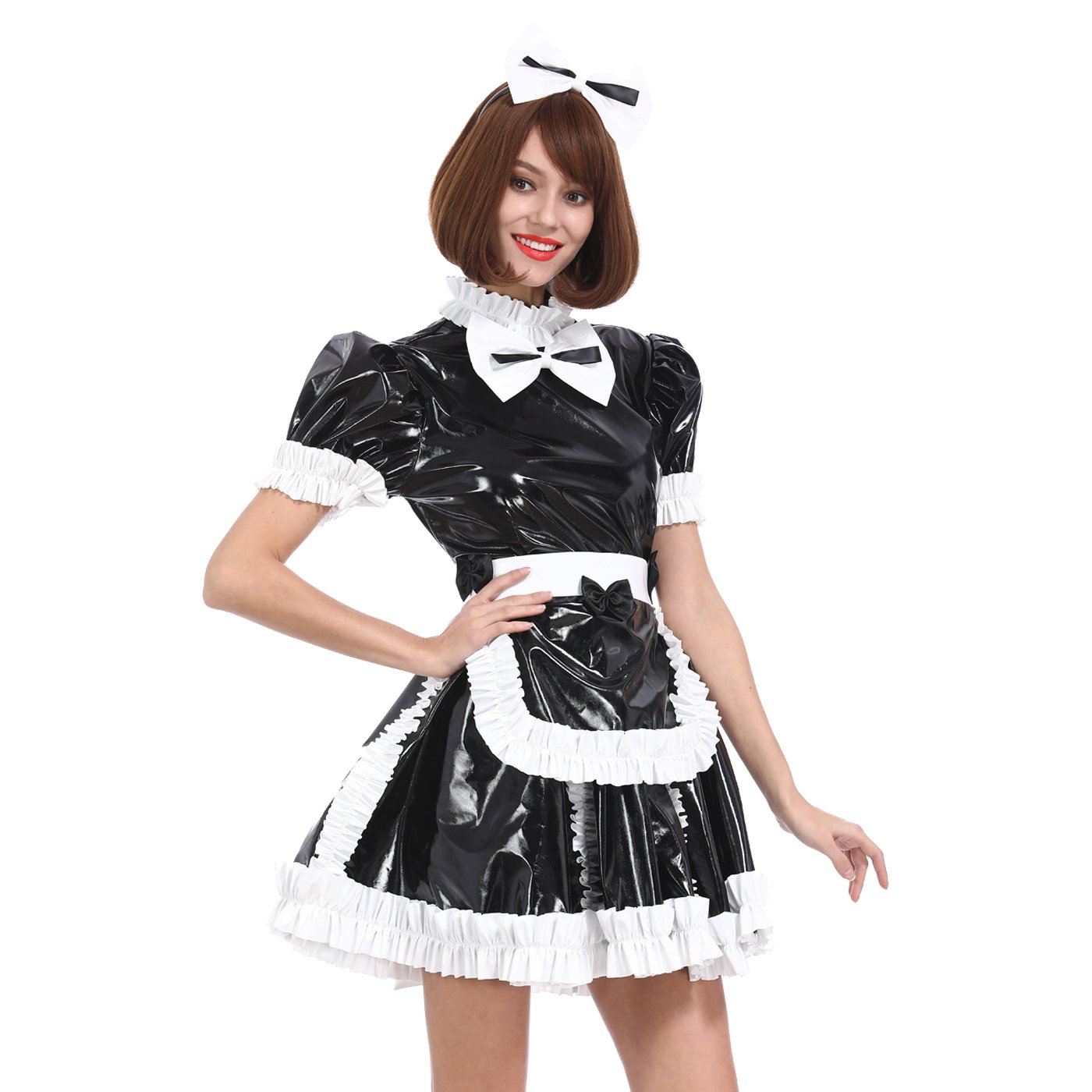 Sexy French Maid Costume for Women - Black PVC Dress with Bow & Lockable Design - Perfect for Halloween, Cosplay, and Role Play Parties