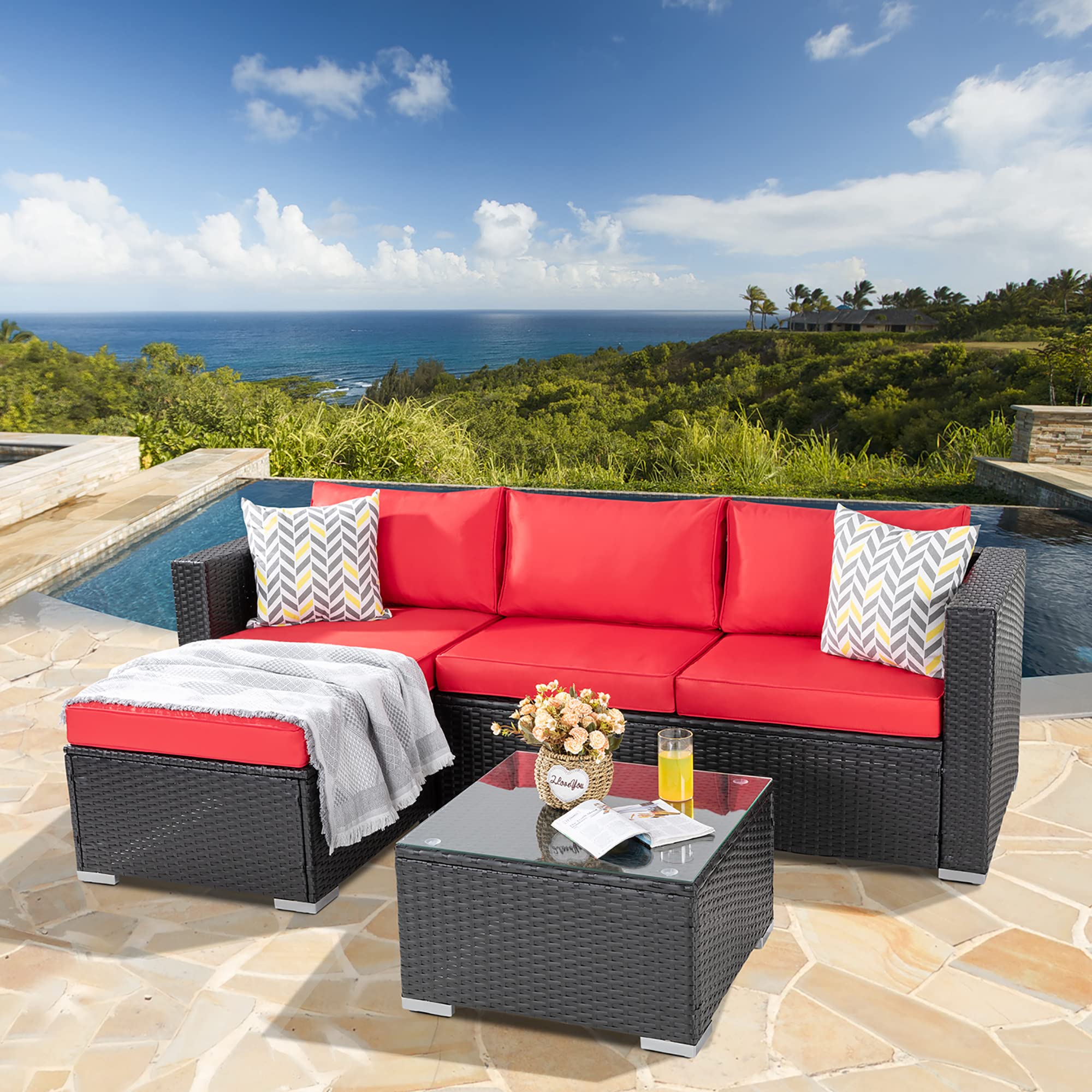 JAMFLY 3-Piece Outdoor Patio Furniture Set - All-Weather Low Back Black Wicker Sectional Sofa with Coffee Table & Washable Cushions - Perfect for Garden, Backyard, Poolside & Balcony Relaxation