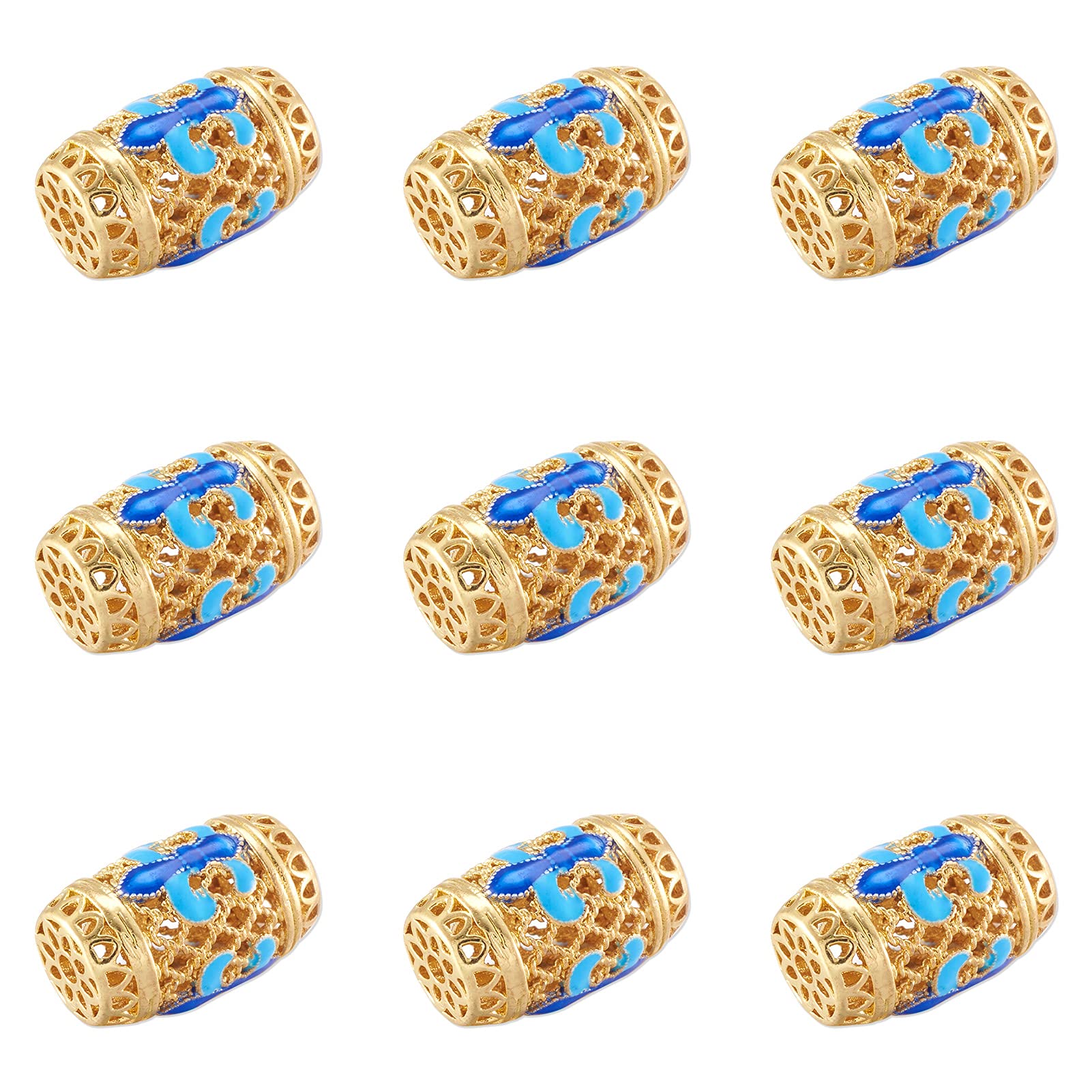 10Pcs 18x11.5mm Barrel Brass Enamel Beads - Blue Metal Flower Spacer Beads with Gold Plating for DIY Jewelry Making, Bracelets & Necklaces - Perfect for Boho, Handmade & Fashion Accessories