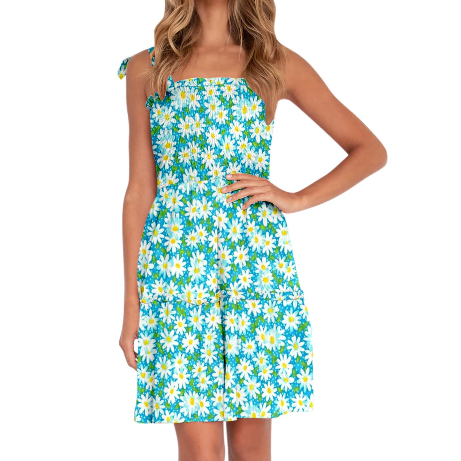 ERERY Women's Summer Floral Print Mini Dress - Spaghetti Strap, Sleeveless, Ruffle Corset A-Line Swing Tunic Dress for Beach, Party & Casual Wear