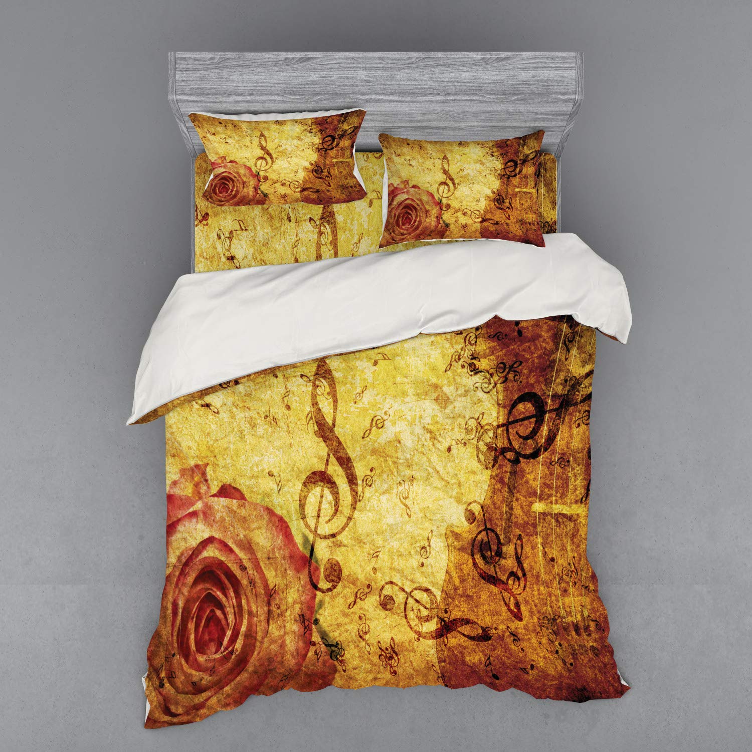 Ambesonne Vintage Rose Duvet Cover Set - Queen Size 4-Piece Bedding with Sham & Fitted Sheet, Cream & Red Floral Music Note Design | Perfect for Romantic Bedrooms, Guest Rooms & Music Lovers' Homes