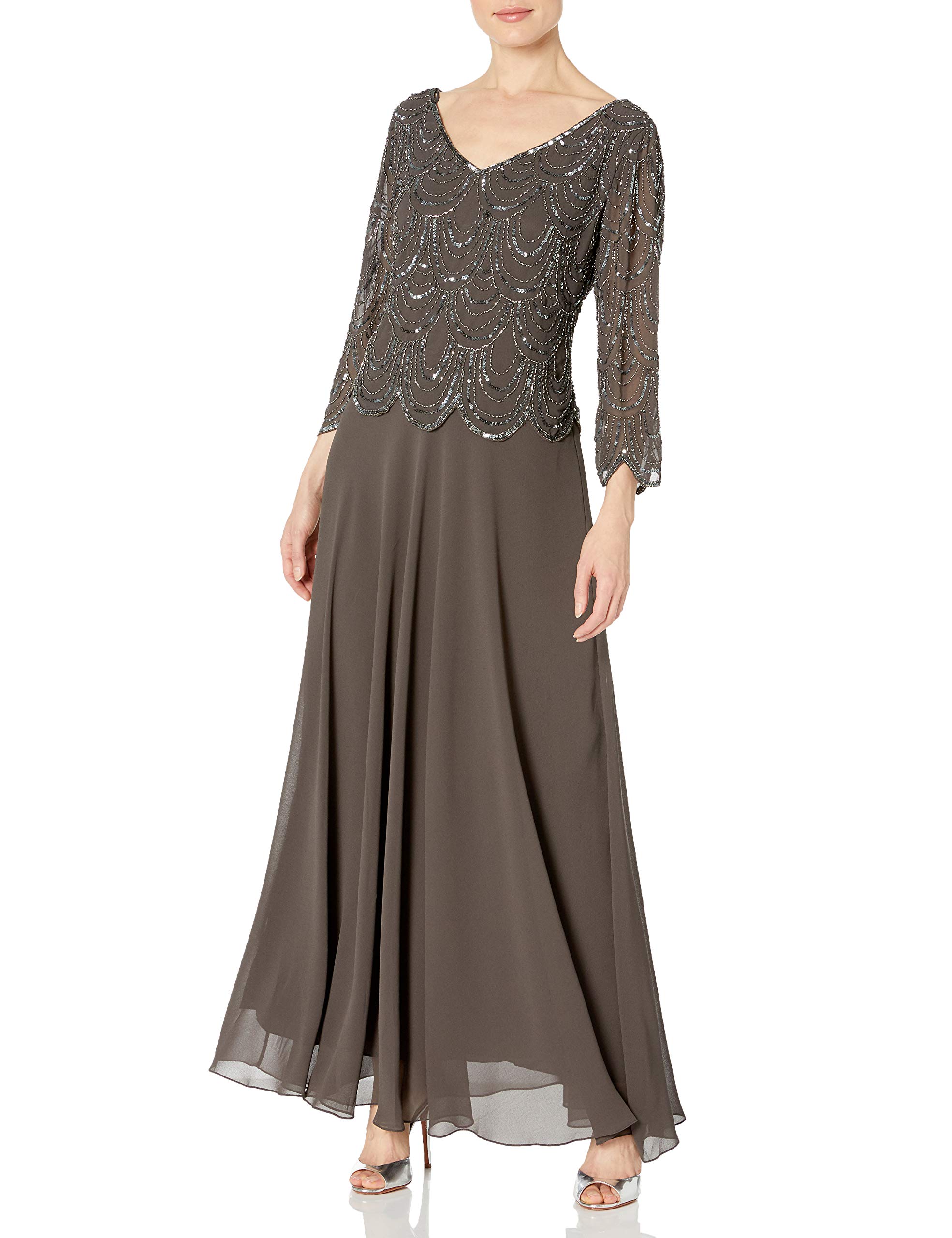 J Kara Women's Petite 3/4 Sleeve Scallop Beaded Pop Over Gown - Elegant Cocktail Dress for Parties, Weddings & Special Occasions