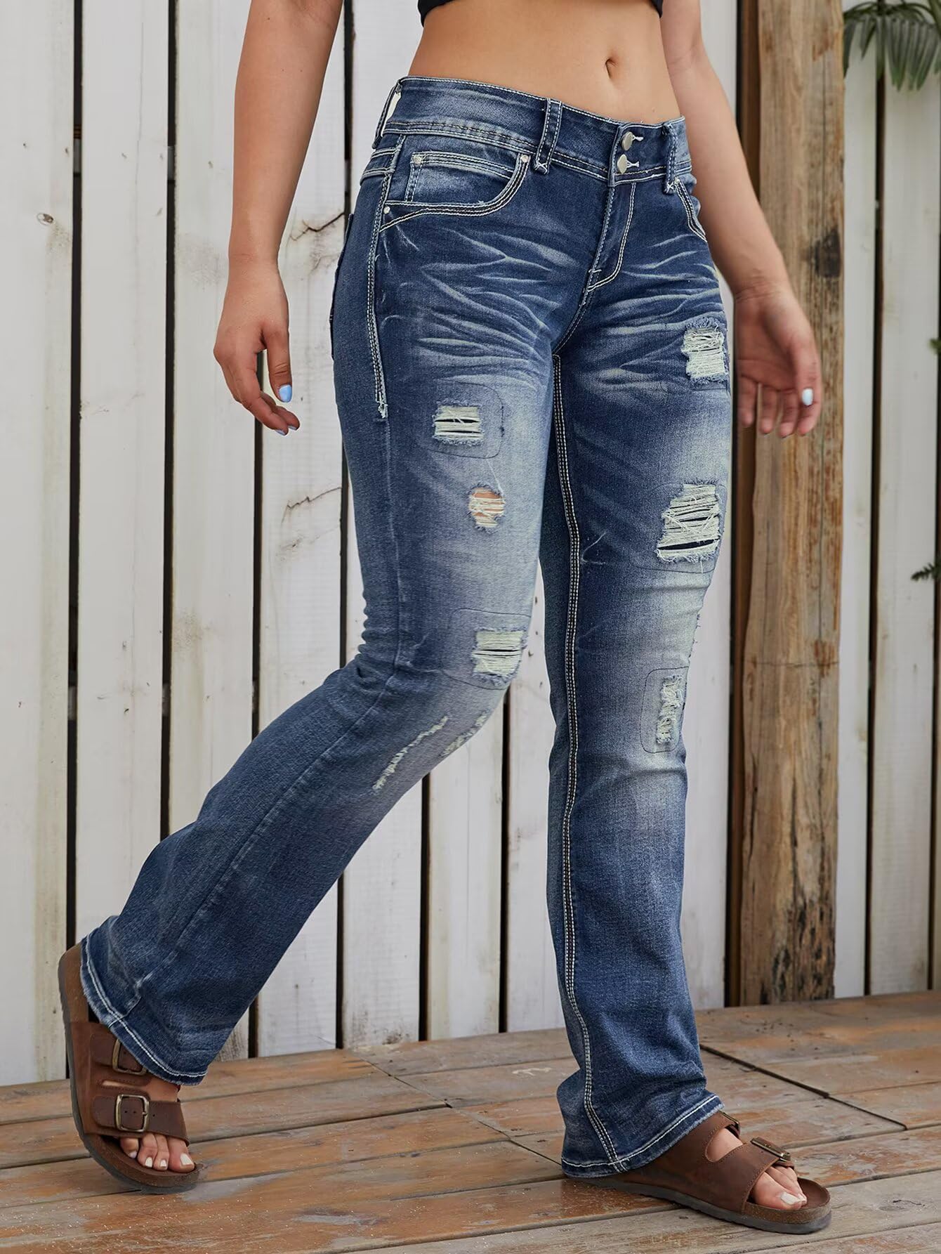 Flamingals Women's Distressed Bootcut Jeans - Low Rise Ripped Flare Denim Pants for Casual Wear & Street Style | Vintage Inspired Jeans for Everyday Outfits