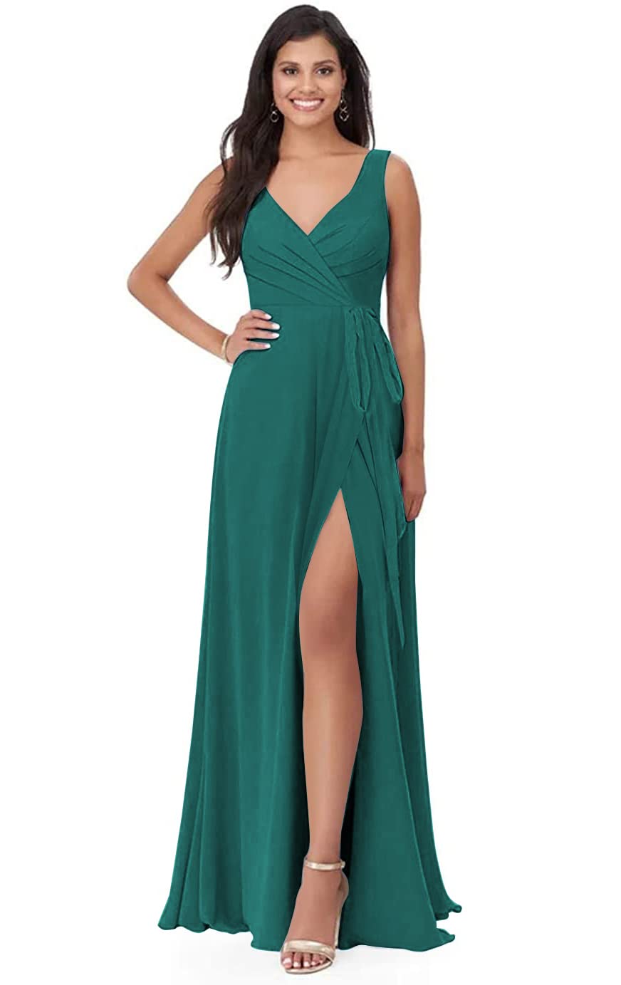 Elegant Split V-Neck Chiffon Bridesmaid Dress - Long A-Line Formal Evening Gown with Pleated Detail & Belt for Women | Perfect for Weddings, Prom & Special Occasions