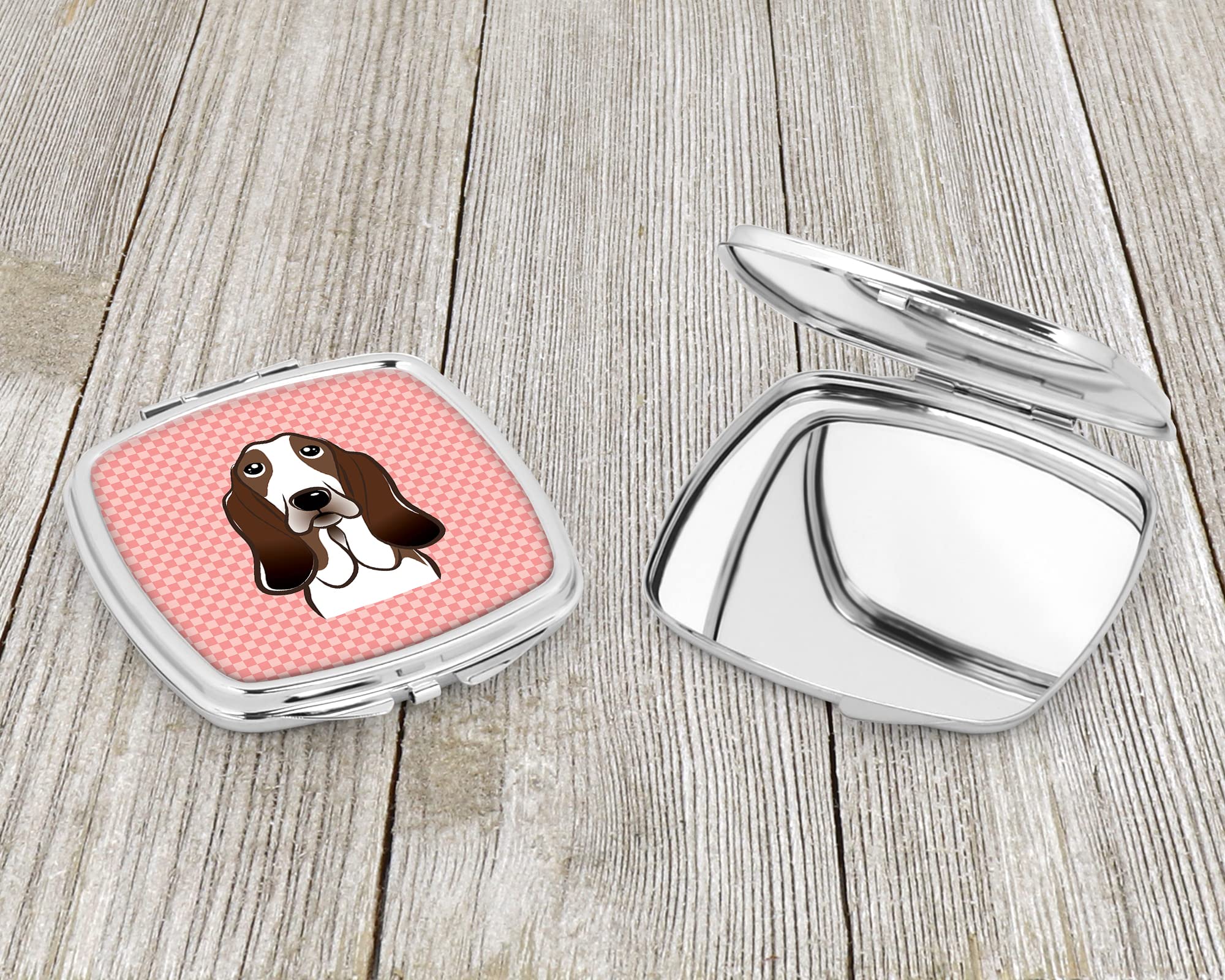 Caroline's Treasures BB1243SCM Checkerboard Pink Basset Hound Compact Mirror - Portable Folding Handheld Travel Makeup Mirror for Women & Girls, Perfect Gift for Cosmetics Touch-Ups On-The-Go (Home, Office, Purse, Travel)