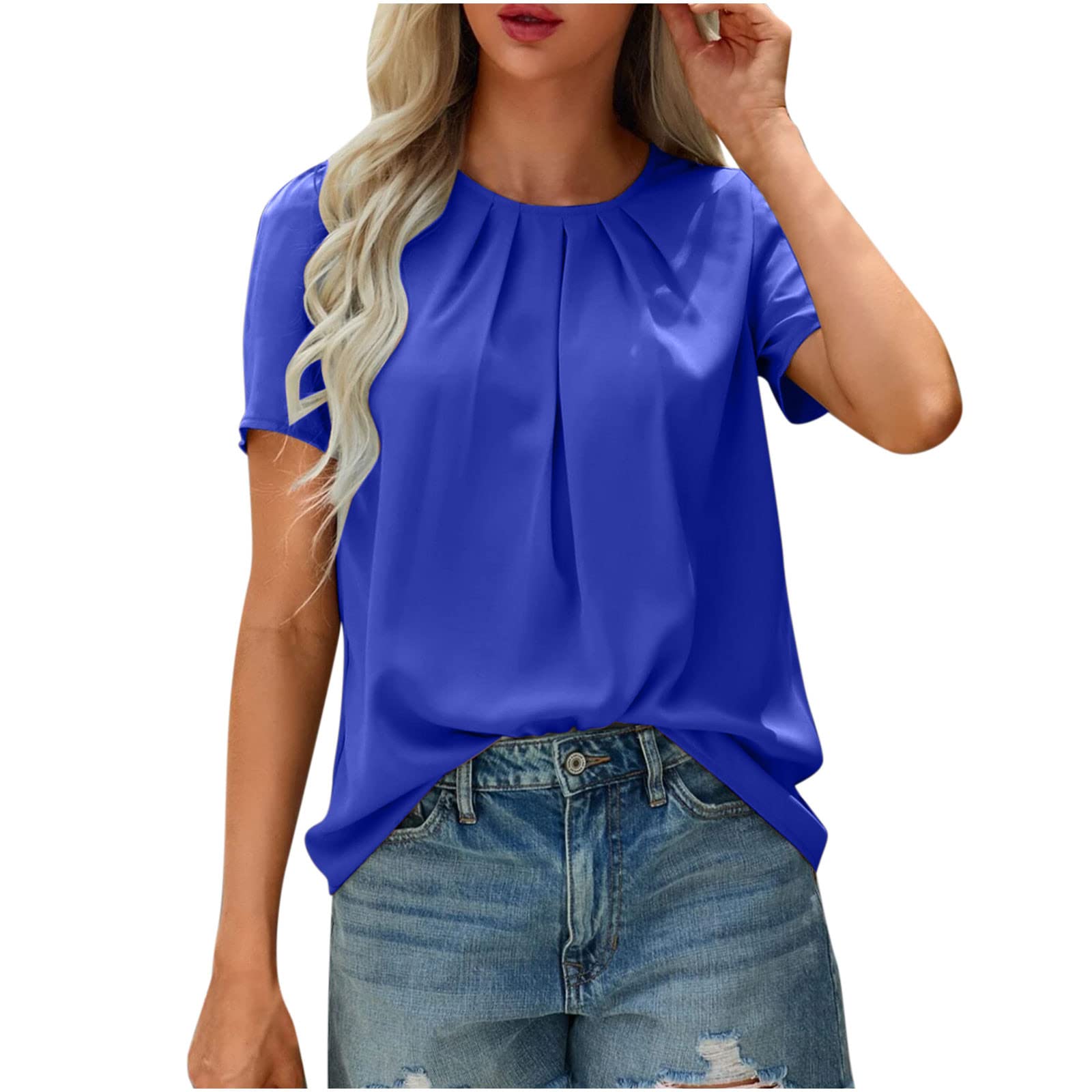 Women's Summer Short Sleeve Pleated Blouse - Solid Color Basic Tee Shirt for Casual Wear, Office & Vacation Outfits
