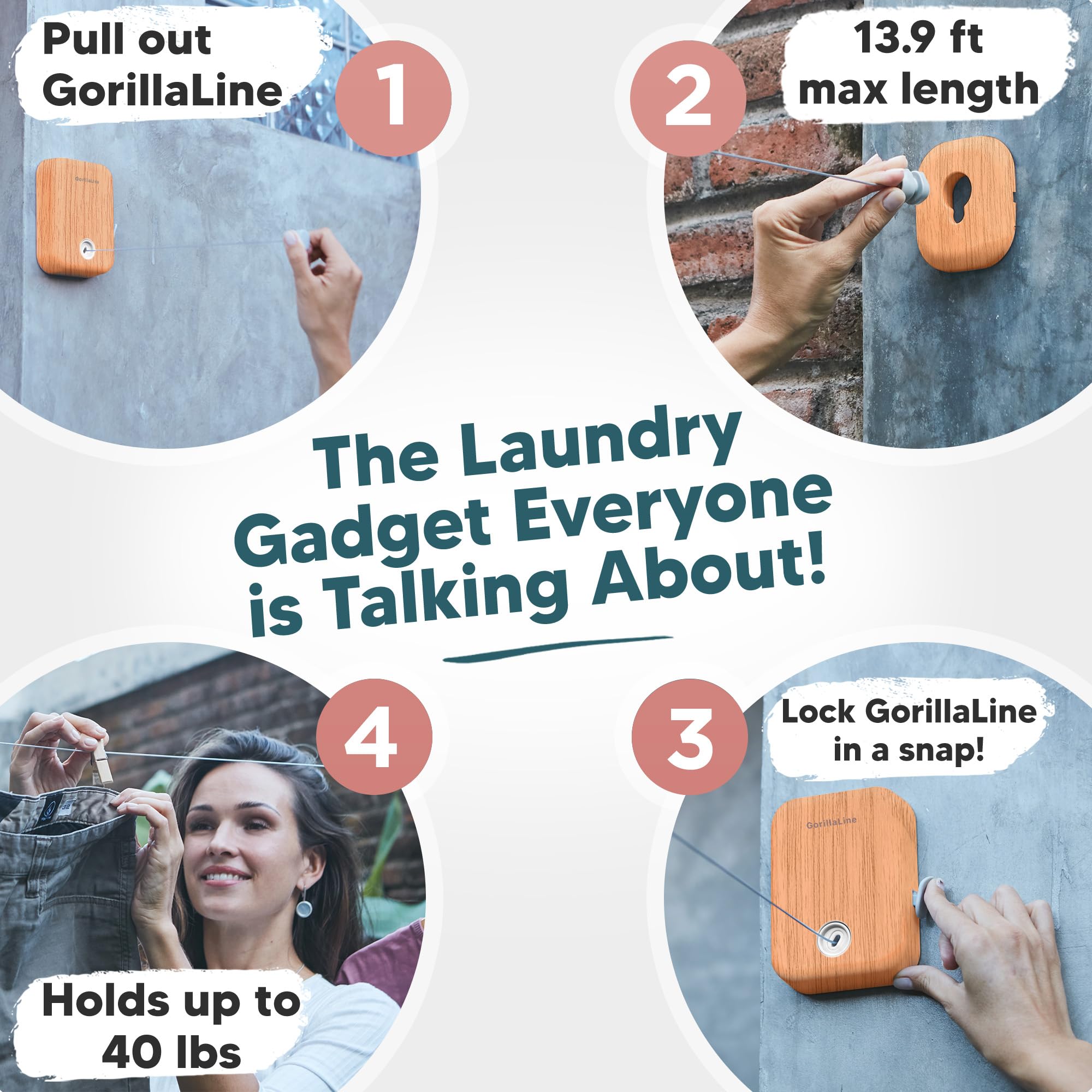 GorillaLine Retractable Clothesline for Indoor & Outdoor Use - Heavy Duty Wall Mounted Laundry Drying Rack - Perfect for Small Spaces, Apartments, Camping & Travel - Air Dry Clothes Efficiently