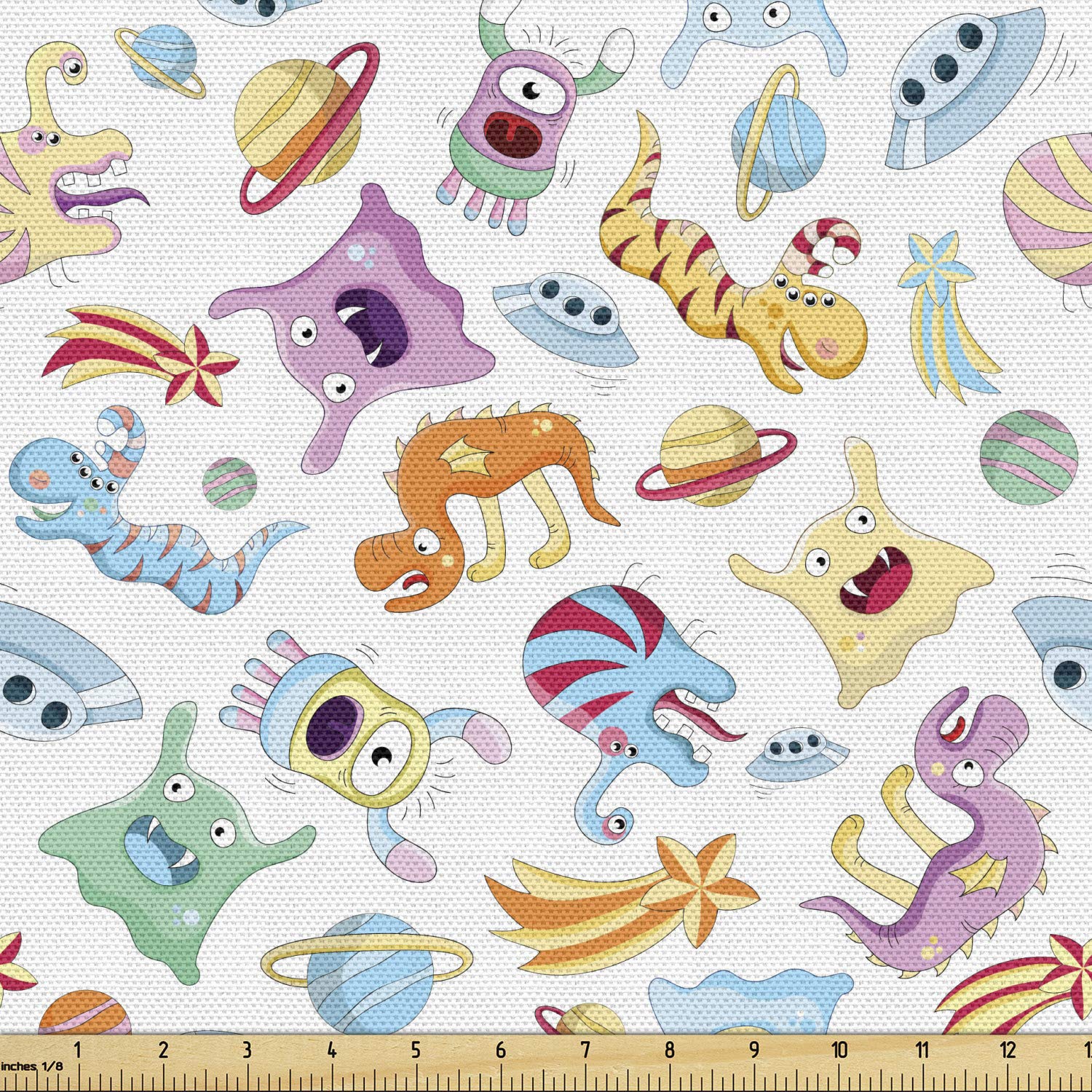 Ambesonne Alien Fabric by The Yard - Monsters, Aliens, Planets, UFOs & Shooting Stars Astronomy Print - Decorative Upholstery Fabric for Sofa, Curtains & Home Decor (1 Yard, Multicolor) - Perfect for Space-Themed Bedrooms & Sci-Fi Decor