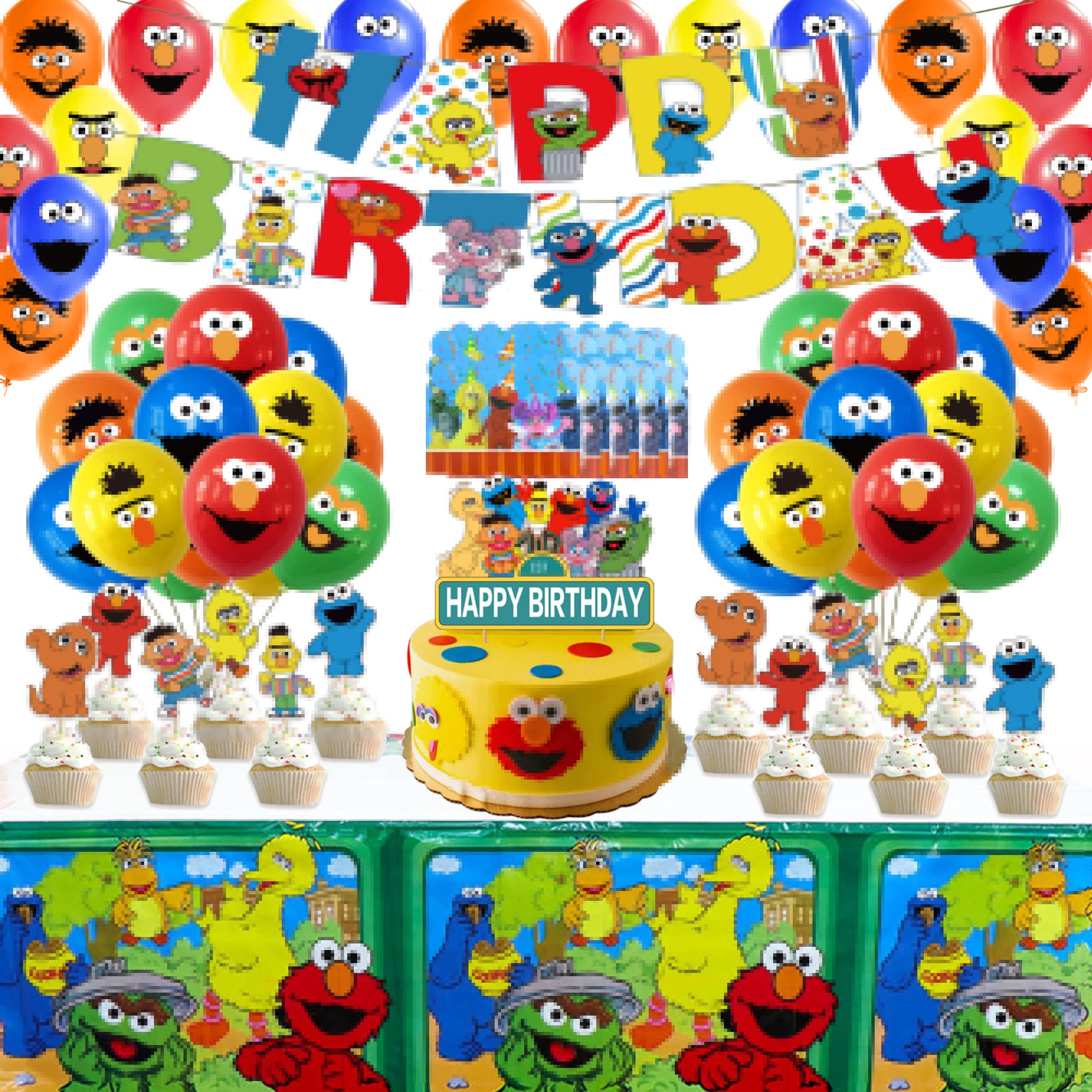 Casibatter Elmo Birthday Party Supplies - 45 Pcs Party Decorations Set with Banner, Tablecloth, Cake Topper, Balloons & Invitation Cards - Perfect for Kids' Birthday Parties & Themed Events