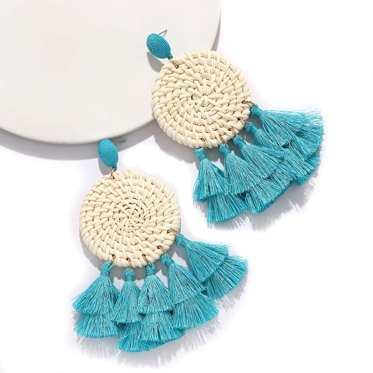 Handmade Bohemian Rattan Earrings for Women - Lightweight Layered Tassel Drop Dangle Earrings with Wicker Straw Texture | Perfect for Summer Festivals, Beach Vacations & Boho Chic Outfits