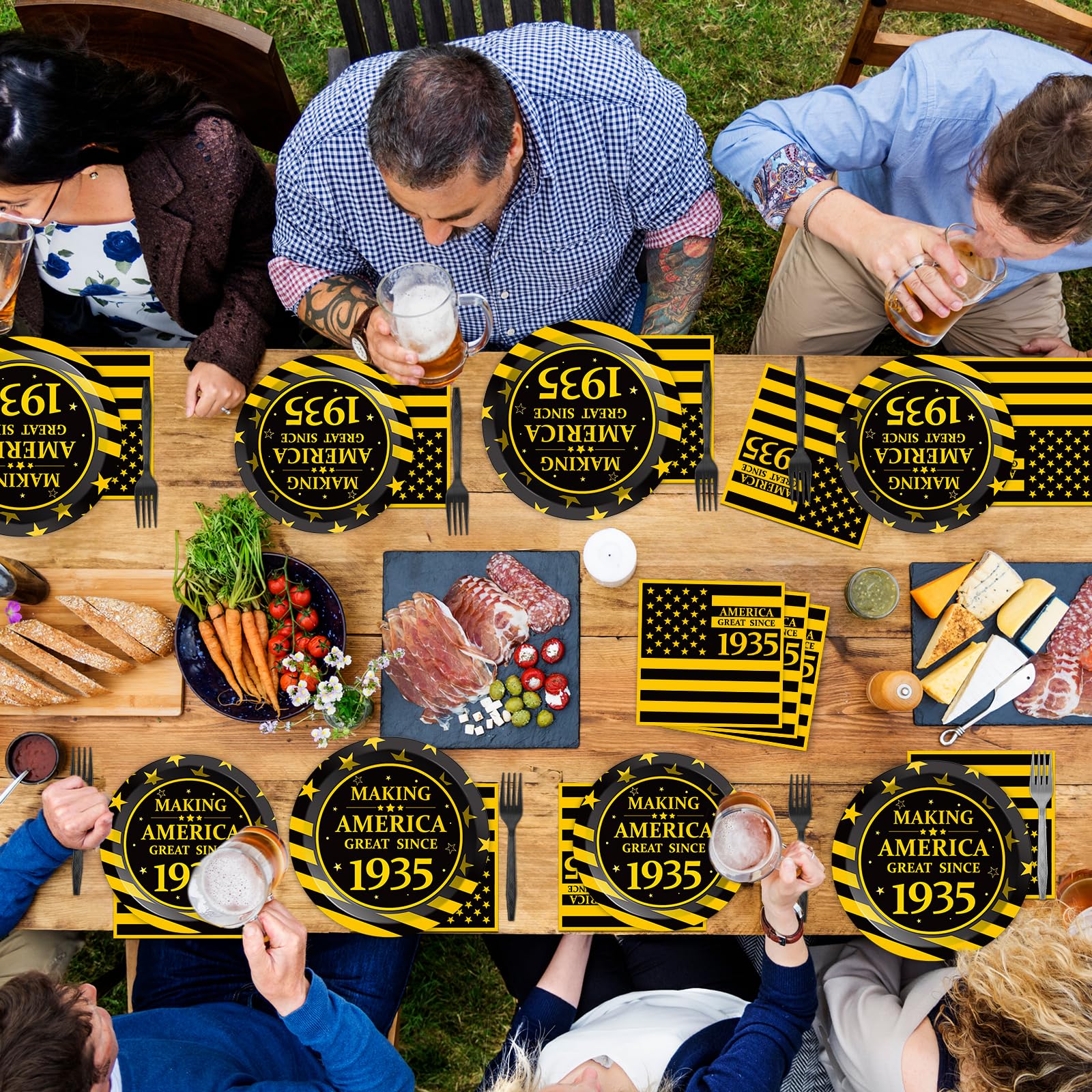 90th Birthday Party Supplies Set - 96 Pcs Black & Gold Paper Plates, Napkins, Forks - Elegant Dinnerware for 24 Guests - Perfect for 1935 Themed Celebrations (Men & Women) - Great for Milestone Anniversaries & Retirement Parties