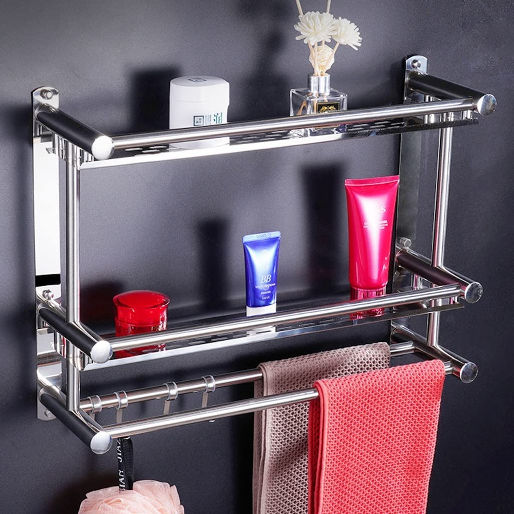 MUSUMI 60cm Silver Wall Mounted Bathroom Shelf - No Drill Hanging Storage Organizer for Bathroom, Kitchen, Toilet | Space Saving Solution for Towels, Toiletries & Kitchen Supplies