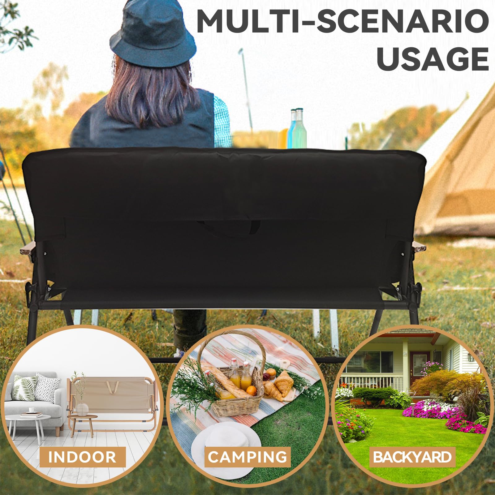Folding Double Camping Chair with Detachable Cushion & Armrests - Portable Loveseat for Outdoor Activities, Fishing, Travel, Picnics, Beach, Patio & Backyard (Black) - Perfect for Couples & Family Relaxation