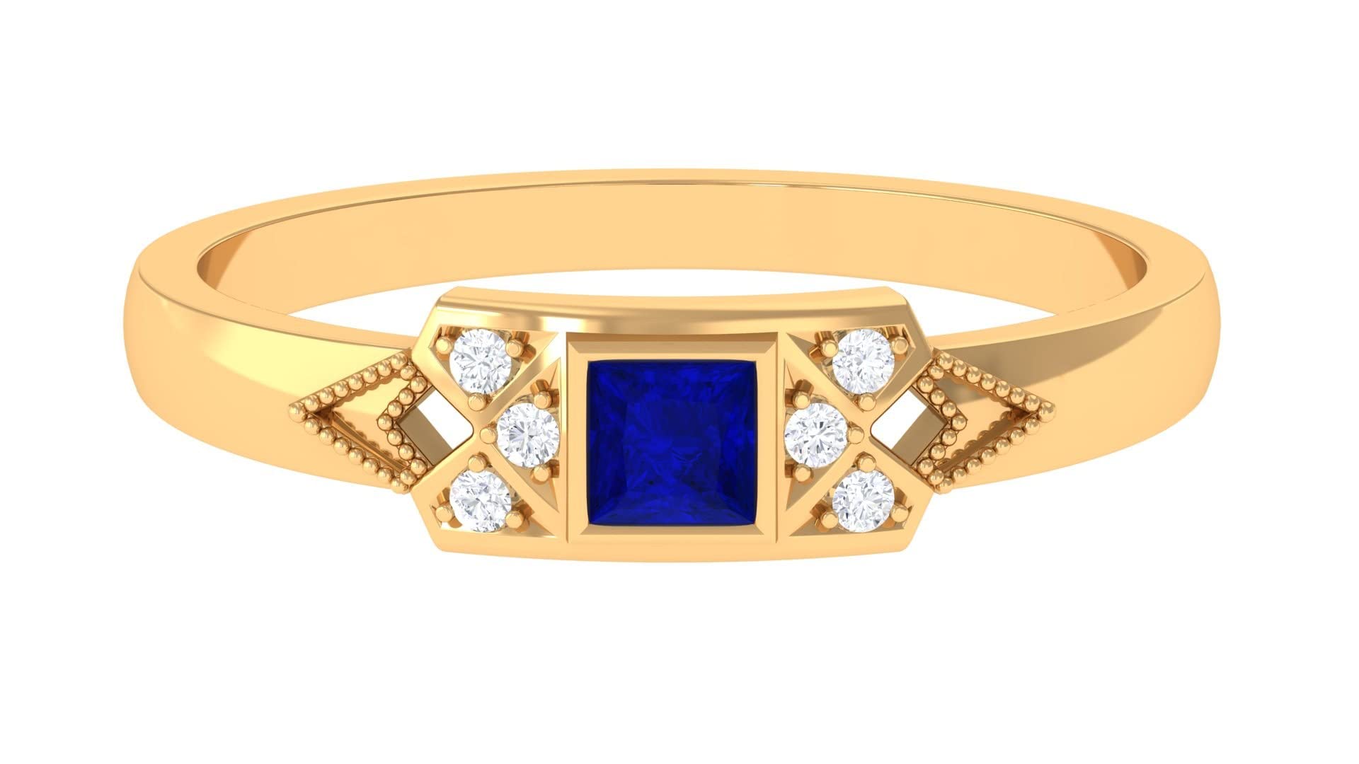 1/4 CT Lab-Created Blue Sapphire & Diamond Ring, 14K Solid Gold Princess Cut Promise Ring with Diamond Accents - Perfect for Engagement, Anniversary & Romantic Gifts