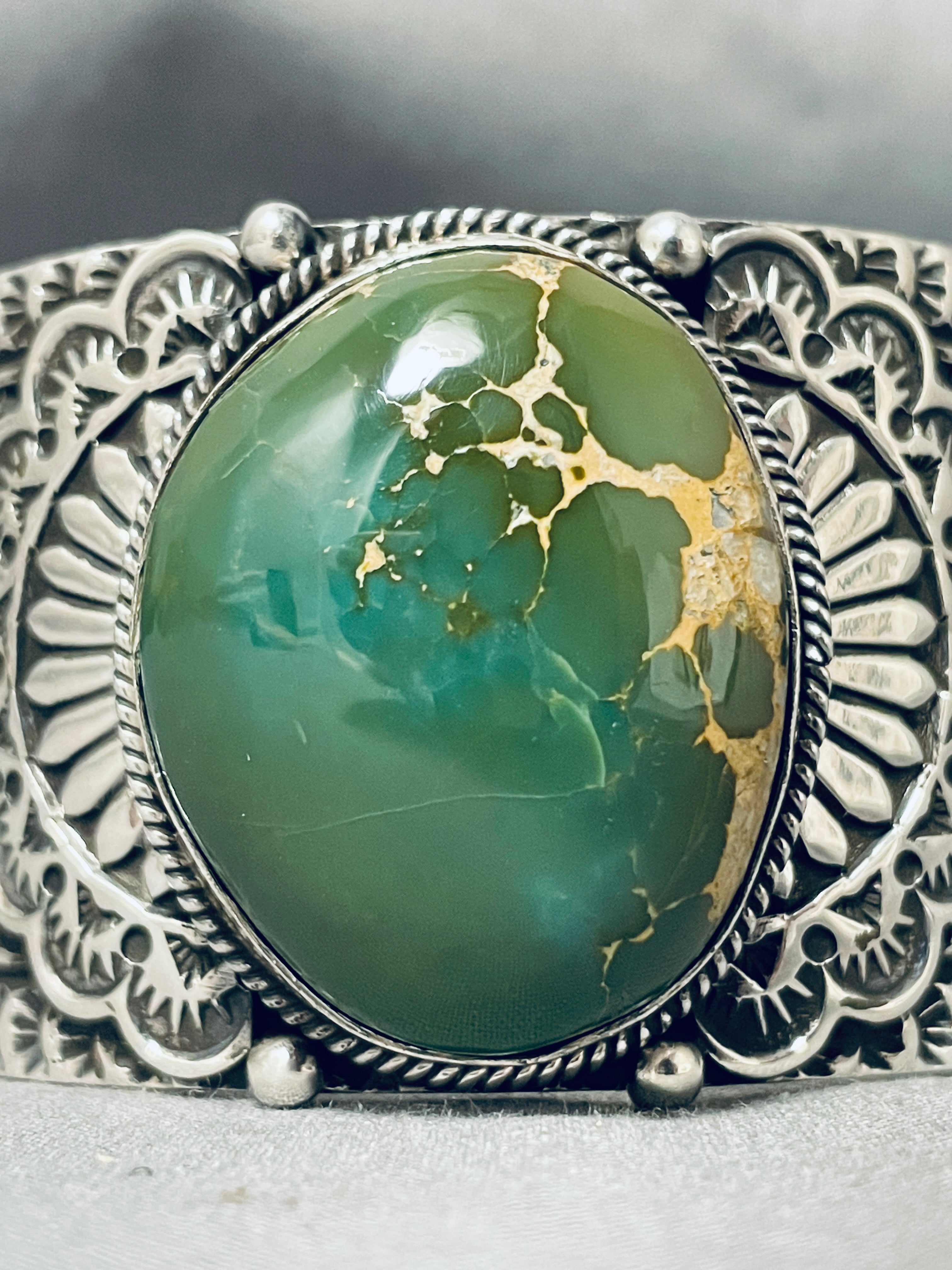 124 Gram Monster Men's Navajo Sterling Silver Bracelet with Green Turquoise - Handcrafted Native American Jewelry for Gifts, Fashion & Ceremonial Wear