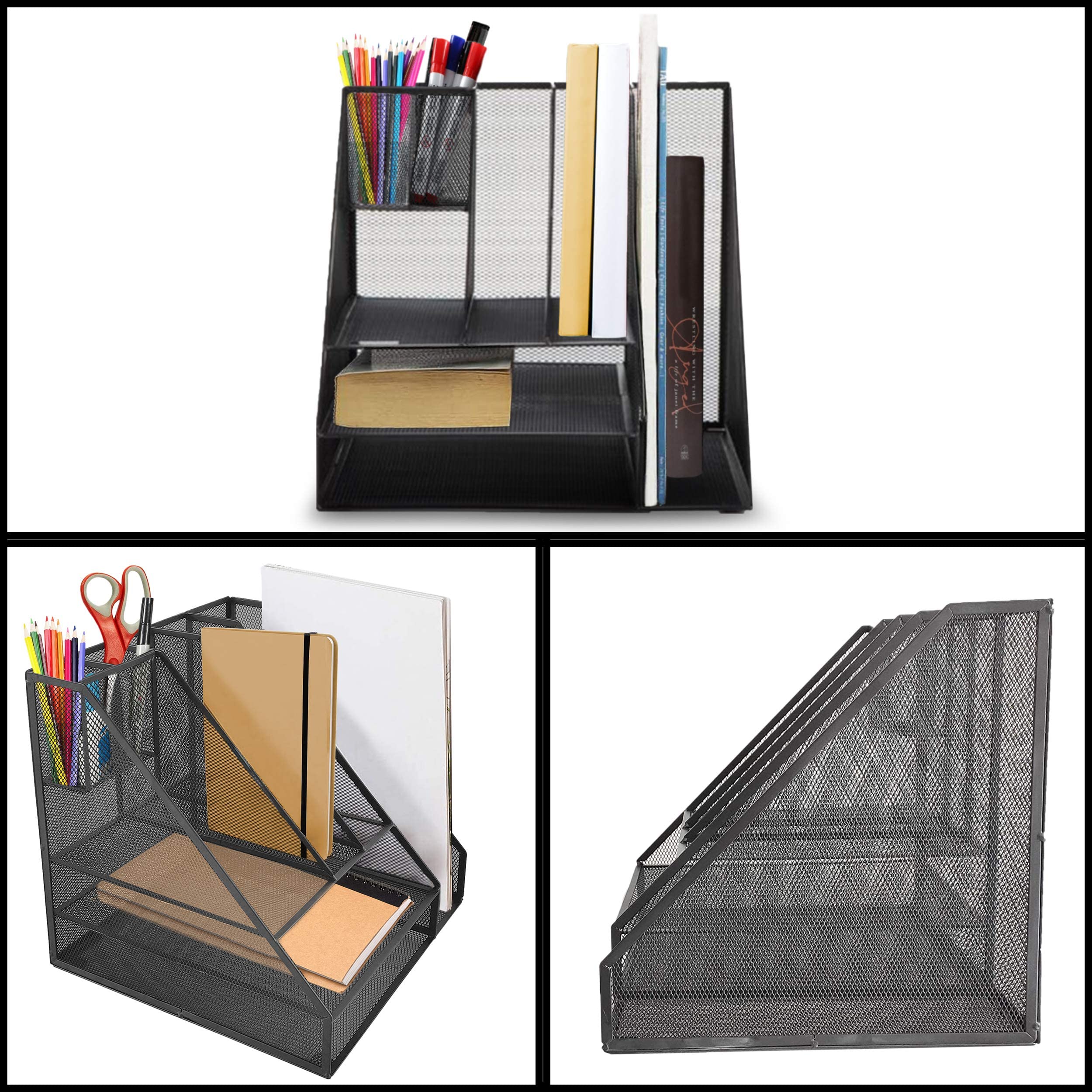 Mesh Desk Organizer with 8 Compartments - 2 Letter Trays, 4 Vertical File Holders & 2 Pen Holders - Office Supplies Organizer for Home & Office (Black) - Perfect for Decluttering Desks, Organizing Documents & Storing Stationery