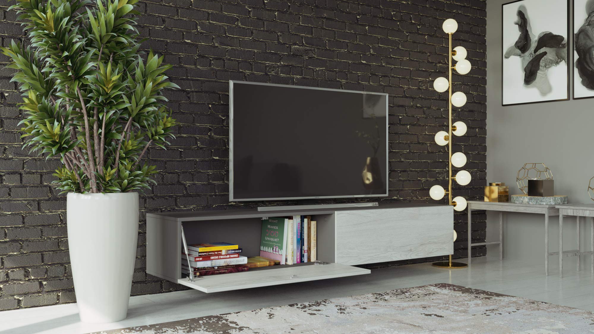VIGO High Gloss TV Stand for Living Room - Modern Entertainment Center with Storage (Slate Grey/White Monaco) - Perfect for Flat Screen TVs, Gaming Consoles & Home Theater Setup