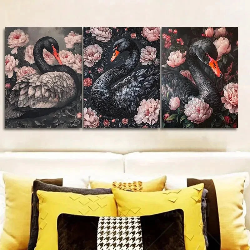 3PCS Elegant Black Swan Metal Wall Art Prints - Ready to Hang Home Decor for Living Room, Bedroom & Office - Modern Canvas Painting for Housewarming Gifts & Interior Design