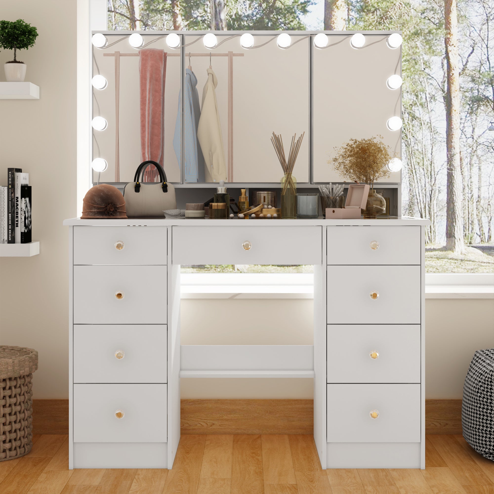 Vanity Makeup Dressing Table with LED Mirror & Lights - Modern Bedroom Furniture for Women, Perfect for Makeup Application & Skincare Routine
