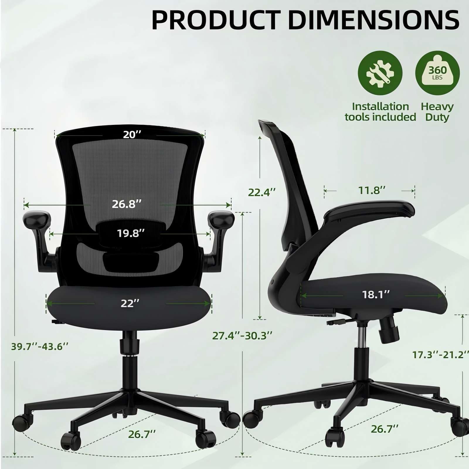 Ergonomic Office Chair with Adjustable Armrests & Lumbar Support - Breathable Mesh Back Computer Desk Chair for Home Office, Gaming, Study & Workstation (Black) - Perfect for Long Hours Sitting Comfort