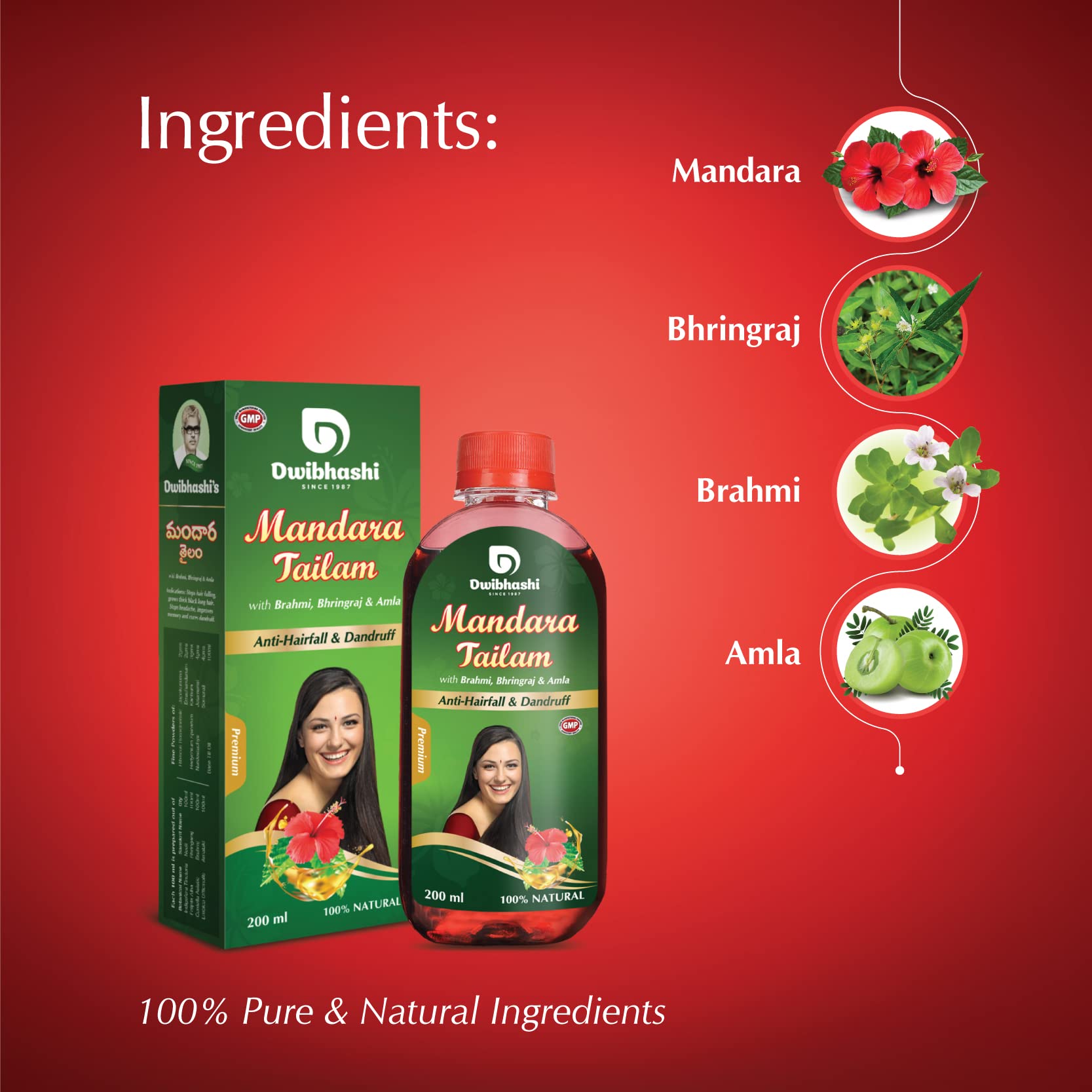 Dwibhashi Mandara Tailam Hair Growth Oil - 200ml | Natural Hibiscus Oil for Thicker Hair, Reduces Hair Fall & Dandruff | Ayurvedic Treatment for Dry Scalp & Split Ends | Perfect for Daily Hair Care & Scalp Massage