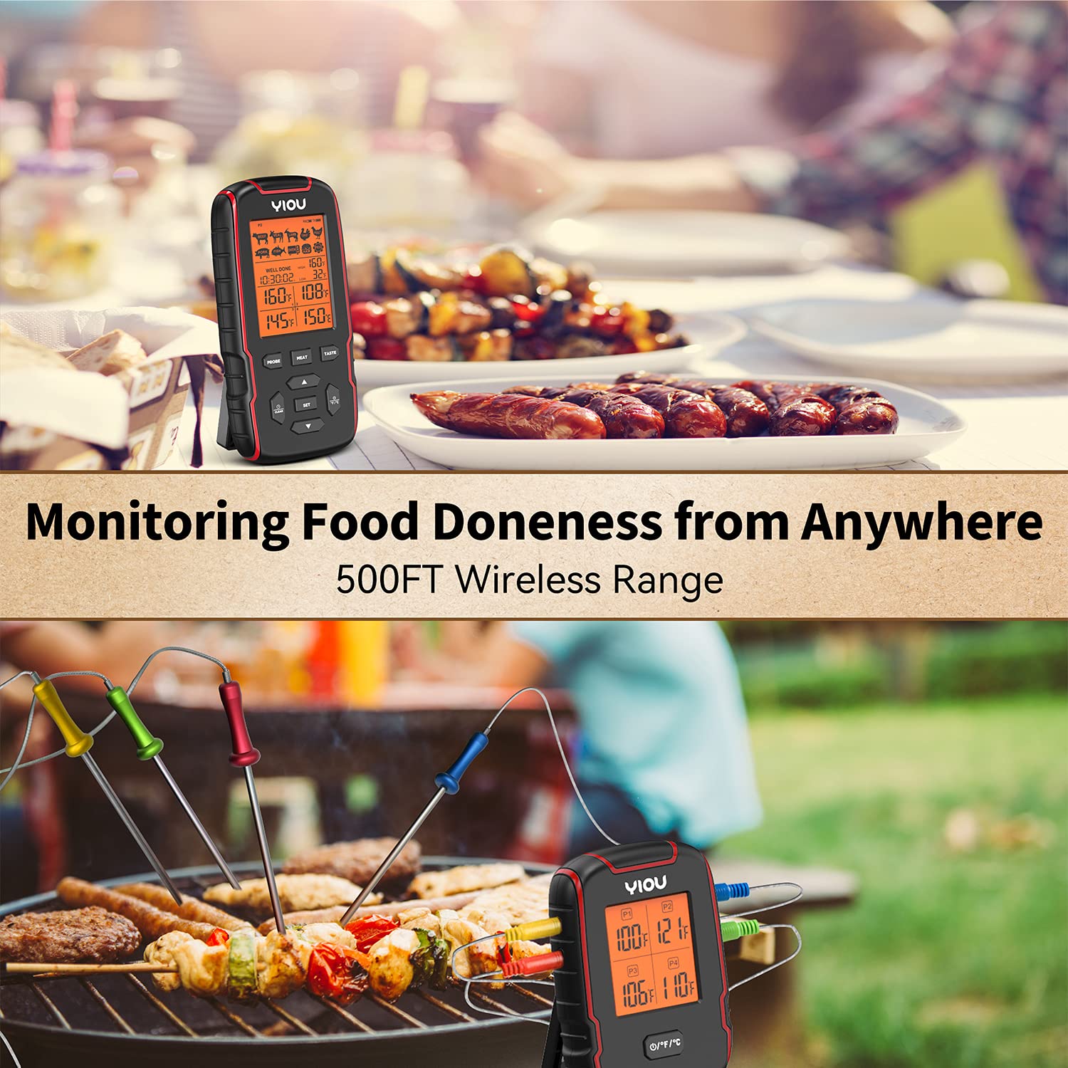 YIOU Wireless Meat Thermometer for Grilling, Smoking & BBQ - Digital Cooking Thermometer with 4 Probes, 500FT Long Range, Fast & Accurate Food Thermometer for Oven, Grill, Smoker - Perfect for Steak, Turkey, Chicken & Home Cooking