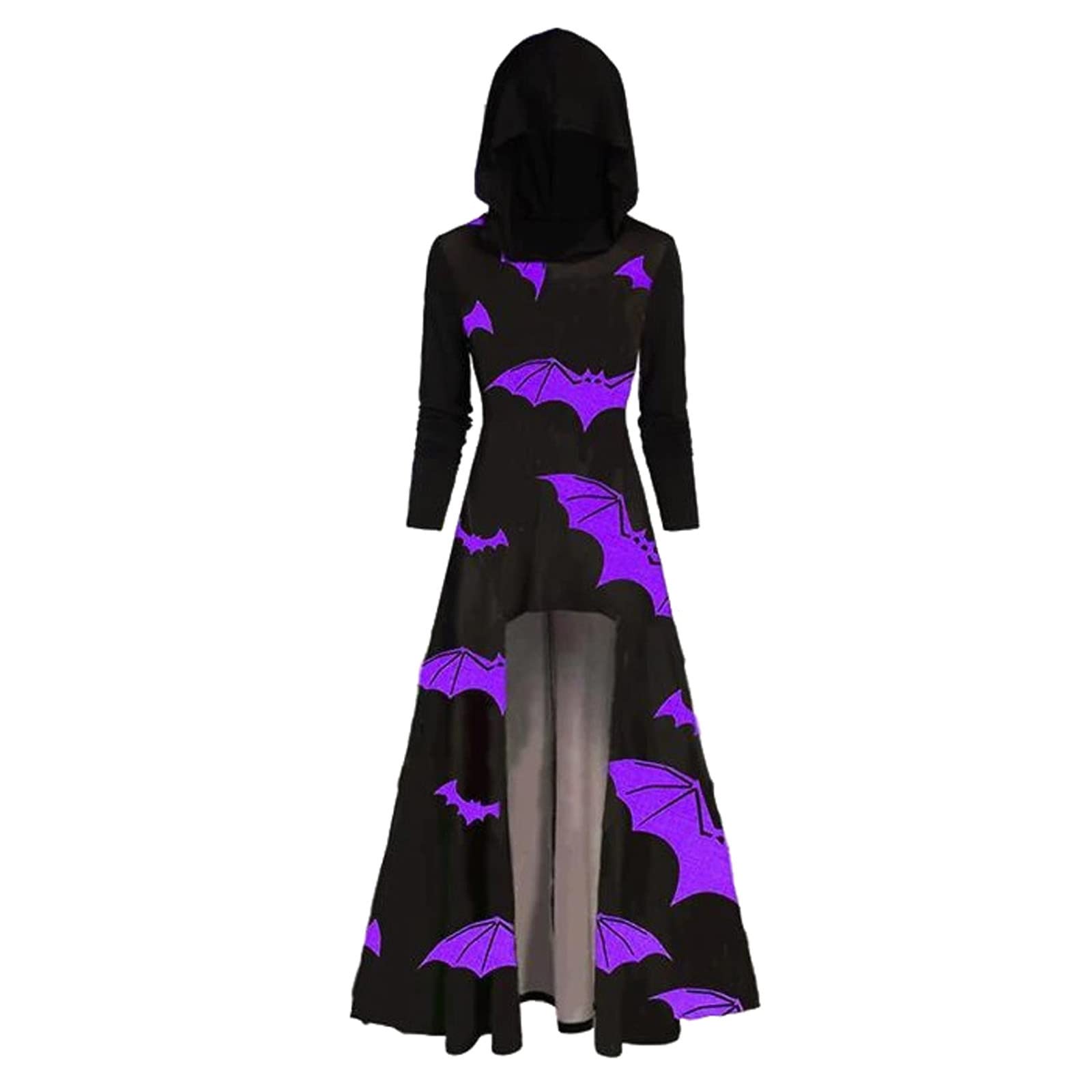 Women's Vintage Bat Printed Halloween Dress - Long Sleeve Hooded Ankle-Length Gothic Dress for Costume Party, Cosplay & Spooky Events