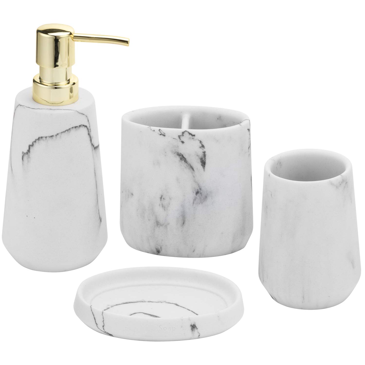 MyGift 4-Piece White Marbled Resin Bathroom Accessories Set - Soap Dish, Toothbrush Holder, Tumbler & Soap Dispenser with Brass Pump | Elegant Vanity Organizer for Modern Bathrooms & Guest Suites