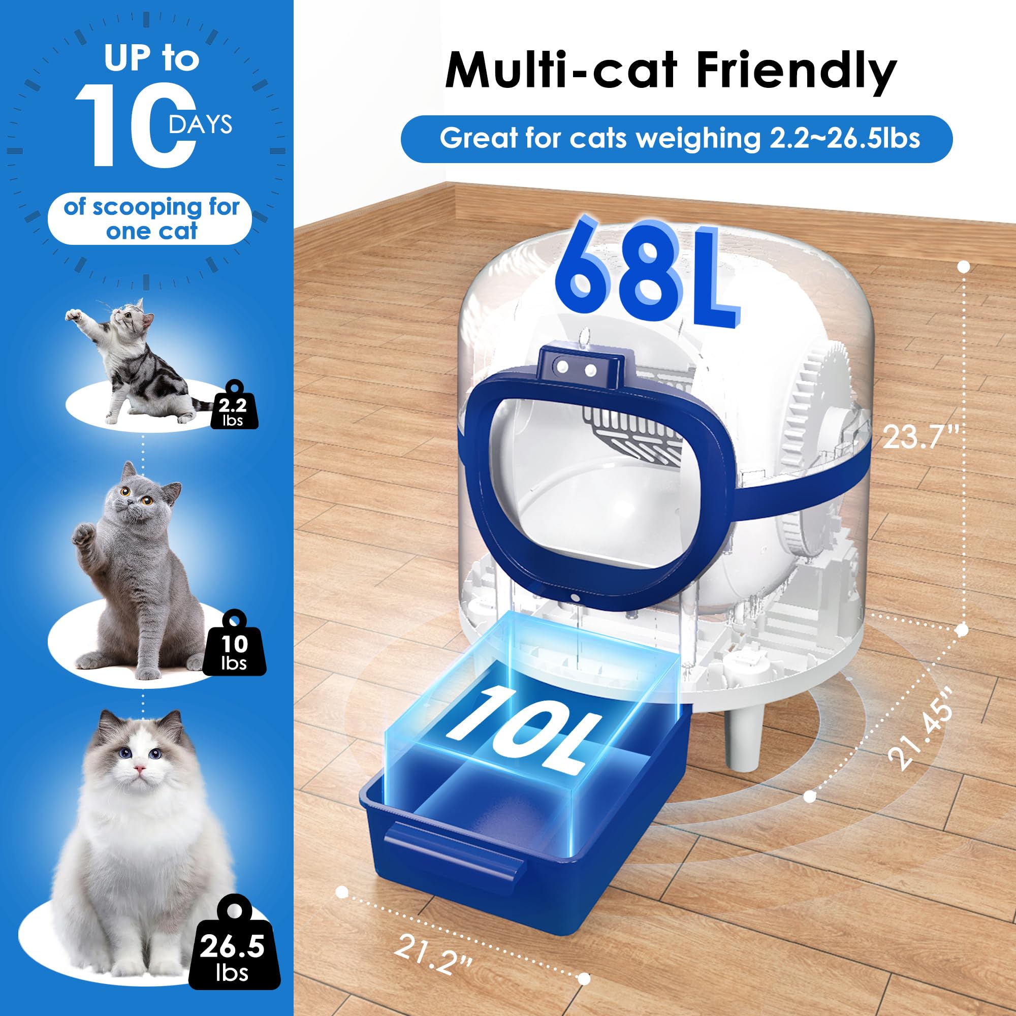 Self Cleaning Cat Litter Box Automatic - Large Capacity Smart Litter Box for Multiple Cats with APP Control, Low Noise & Odor Removal - Includes 2 Rolls Garbage Bags (White & Blue) - Perfect for Busy Pet Owners & Multi-Cat Households