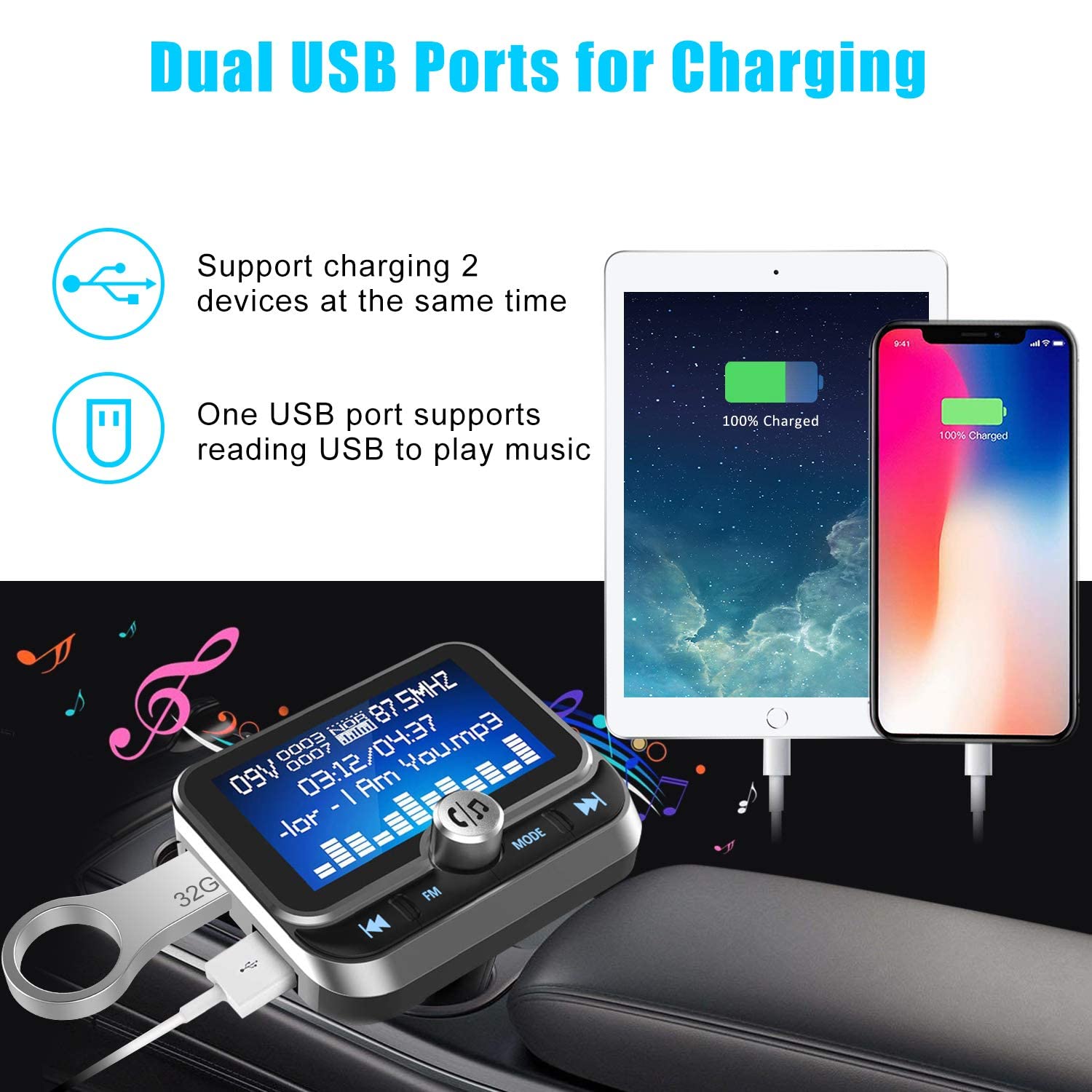 Wireless Bluetooth FM Transmitter for Car with 1.8