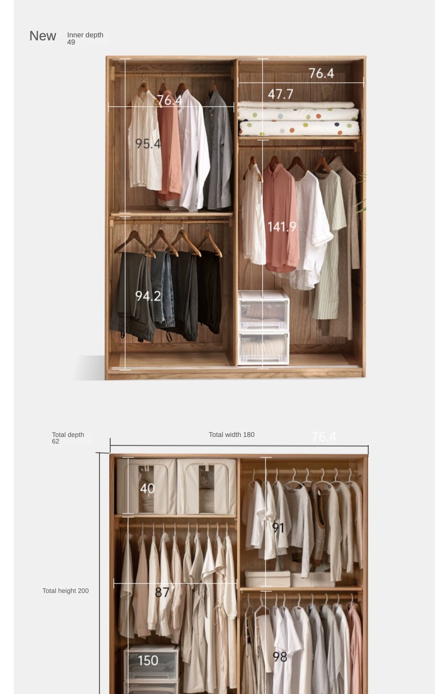 Solid Oak Wood Sliding Door Wardrobe Closet - Modern Storage Solution for Bedroom, Living Room & Office Organization