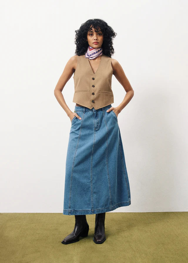 Ermeline Denim Midi Skirt for Women - Mid Blue Washed Denim A-Line Skirt with Pockets | Casual Outfit, Office Wear & Spring Fashion