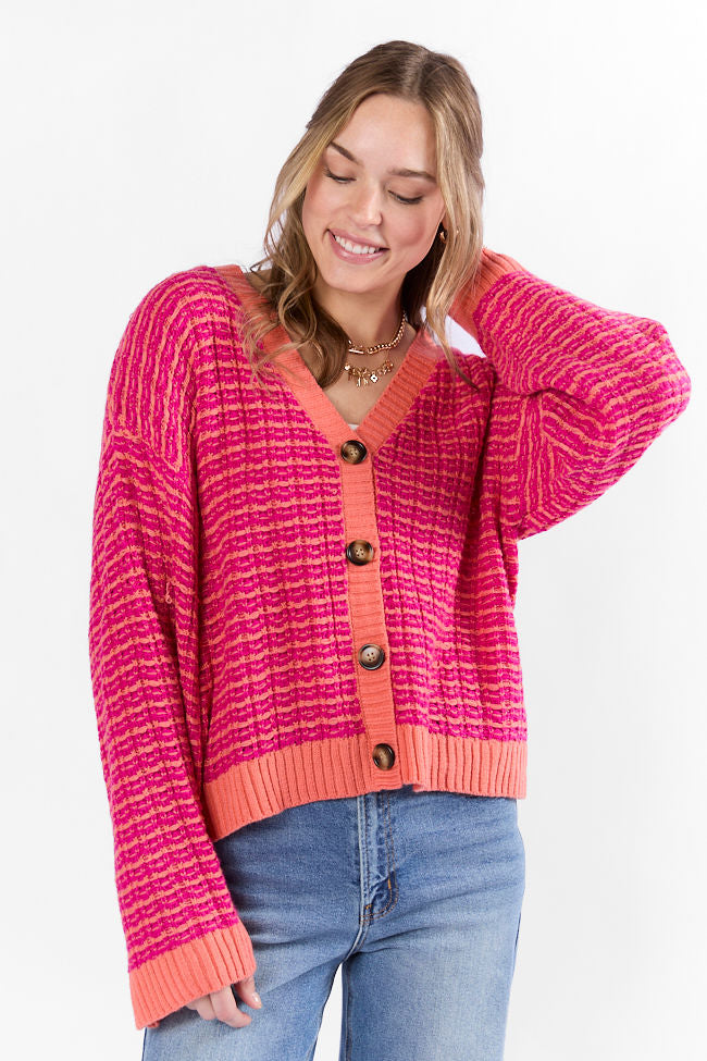 Trendy Pink and Orange Woven Textured Knit Cardigan for Women - Soft Long Sleeve Open Front Sweater - Perfect for Fall Layering, Office Wear & Casual Outfits