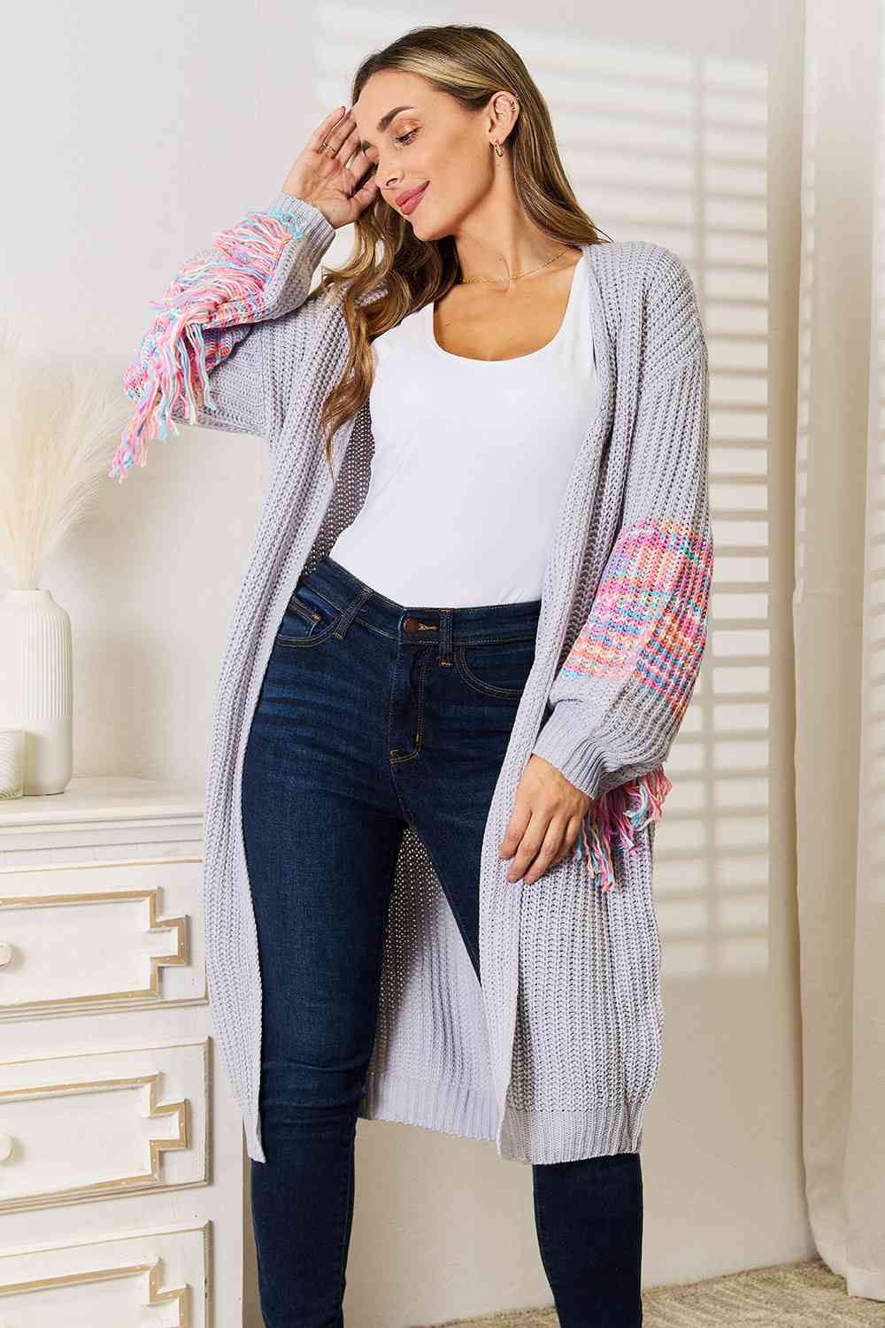 Cloudy Blue Fringe Sleeve Drop Shoulder Cardigan Sweater - Boho Chic Knitwear for Women | Perfect for Fall Layering, Coffee Dates & Casual Outings